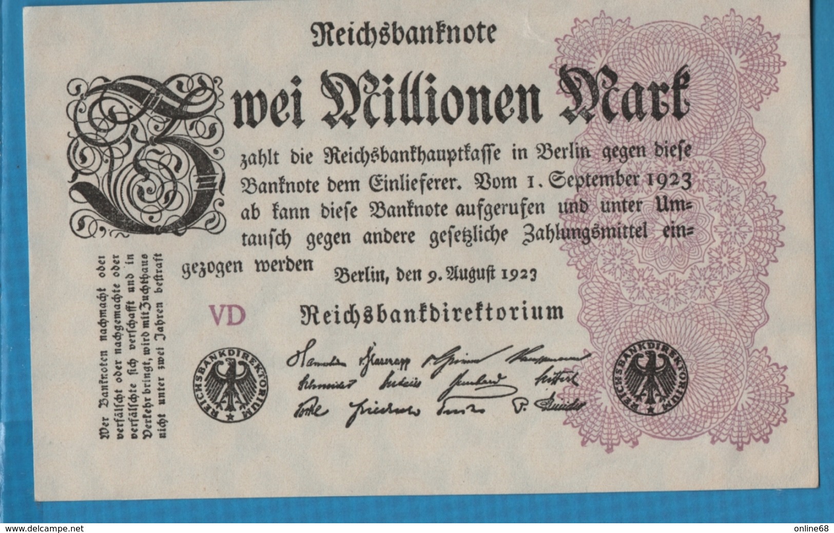 DEUTSCHES REICH 	2 Millionen Mark 	09.08.1923	Serie VD	 KM# 104b - 2 Miljoen Mark