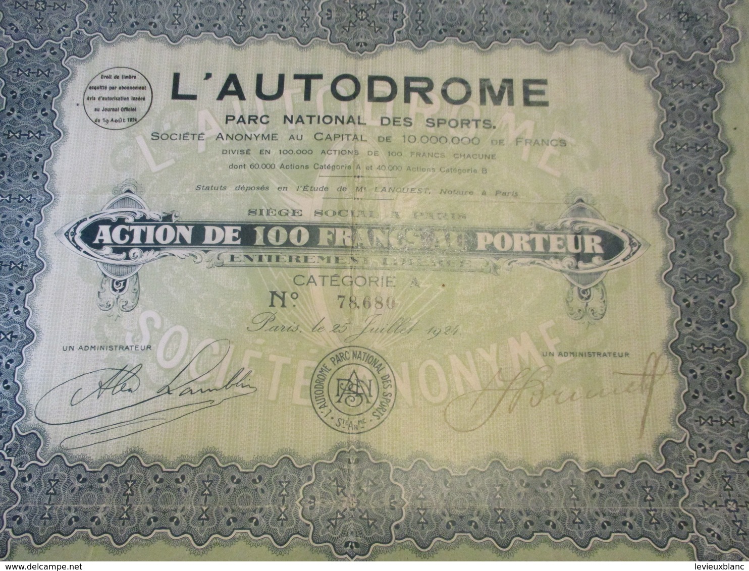 Action De 100 Francs Au Porteur Entièrement Libérée/L'AUTODROME/Parc National Des Sports/ /1924        ACT210 - Deportes