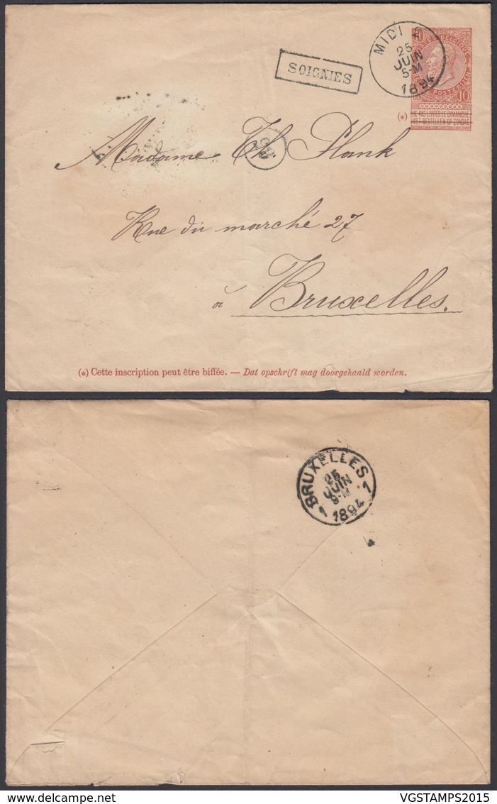 BELGIQUE EP 10c OBL AMBULANT " MIDI 2 " 25/06/1894 + GRIFFE SOIGNIES VERS BRUXELLES (DD) DC-2117 - Enveloppes-lettres