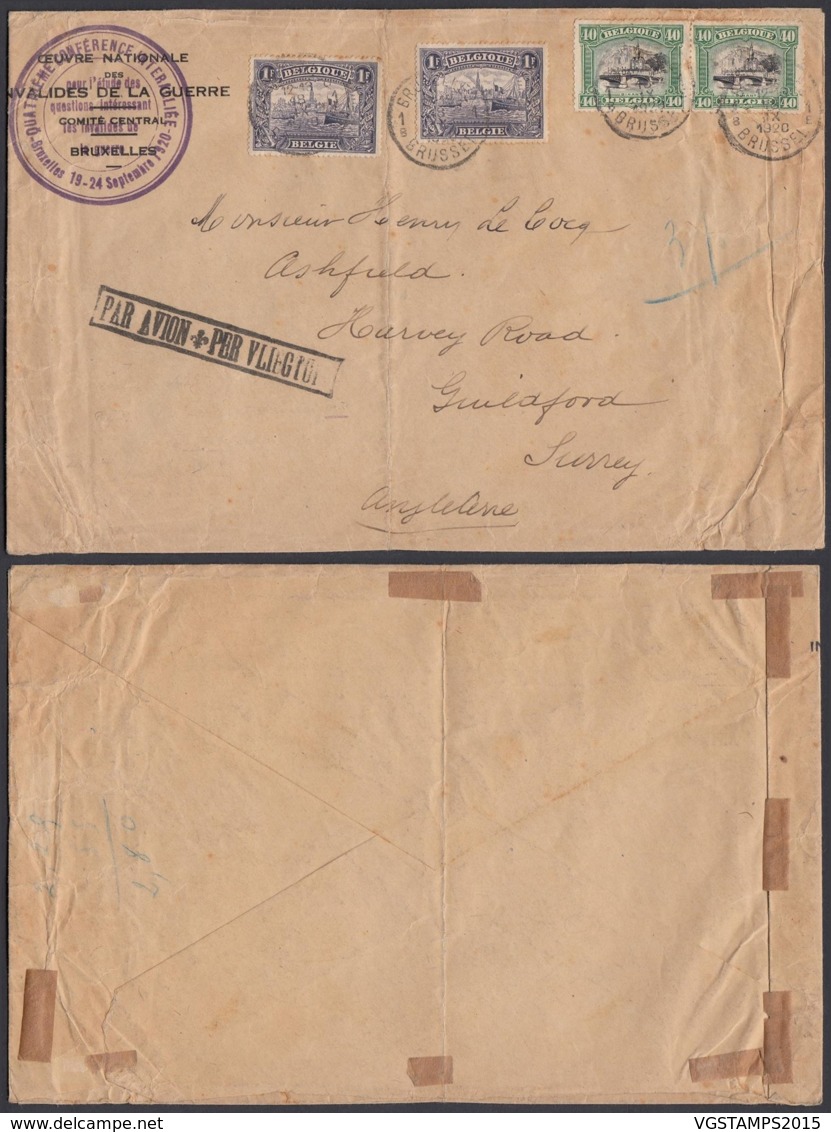 BELGIQUE COB 143 X2+145 X2 SUR LETTRE 1920  GRIFFE " PAR AVION " AVEC FLEURON VERS ANGLETERRE TB (DD) DC-2143 - 1915-1920 Albert I