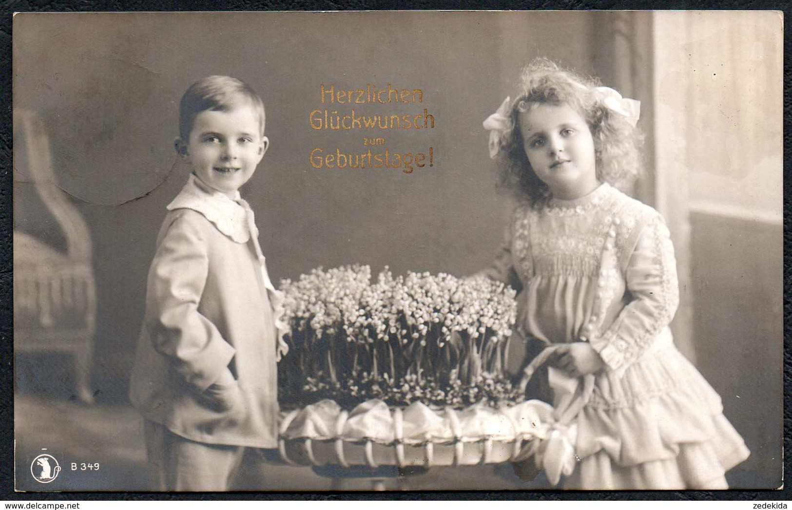 C2810 - Glückwunschkarte Geburtstag - 2 Kleine Kinder Mit Blumen - Gel Gera - Abbildungen