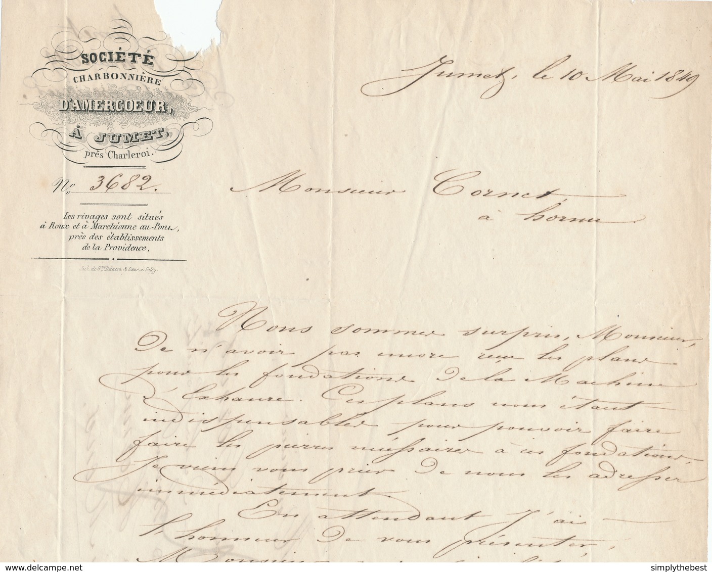 501/28 - CHARBONNAGES - Lettre Précurseur CHARLEROY 1849 Vers HORNU Près De MONS - Taxation 3 Déc. - 1830-1849 (Independent Belgium)