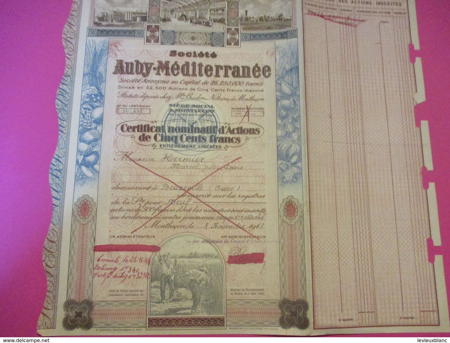 Certificat Nominatif D'Actions De 500 Francs Entiérement Libérées/Sté AUBY-MEDITERRANEE/MONTLUçON/ /1943       ACT209 - Landbouw