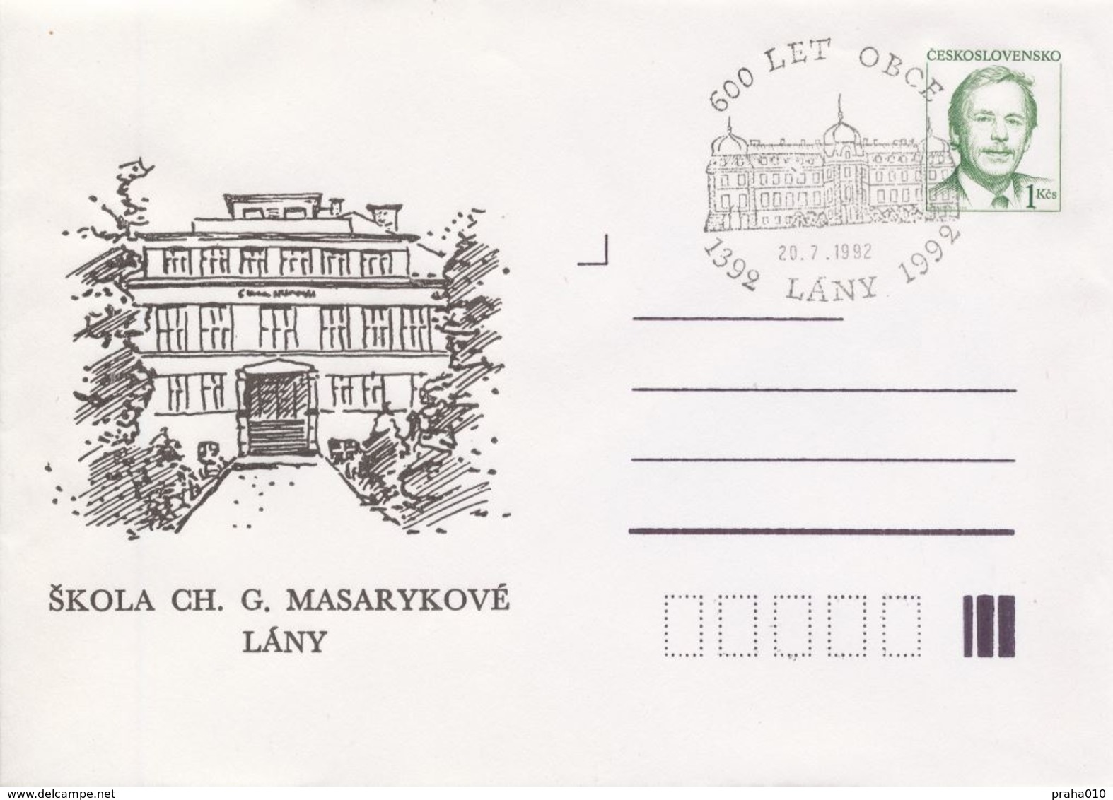 J0860 - Tchécoslovaquie (1992) Entires Postaux / Président V. Havel: Lany - École De Ch. G. Masaryk (600 Ans De Village) - Omslagen