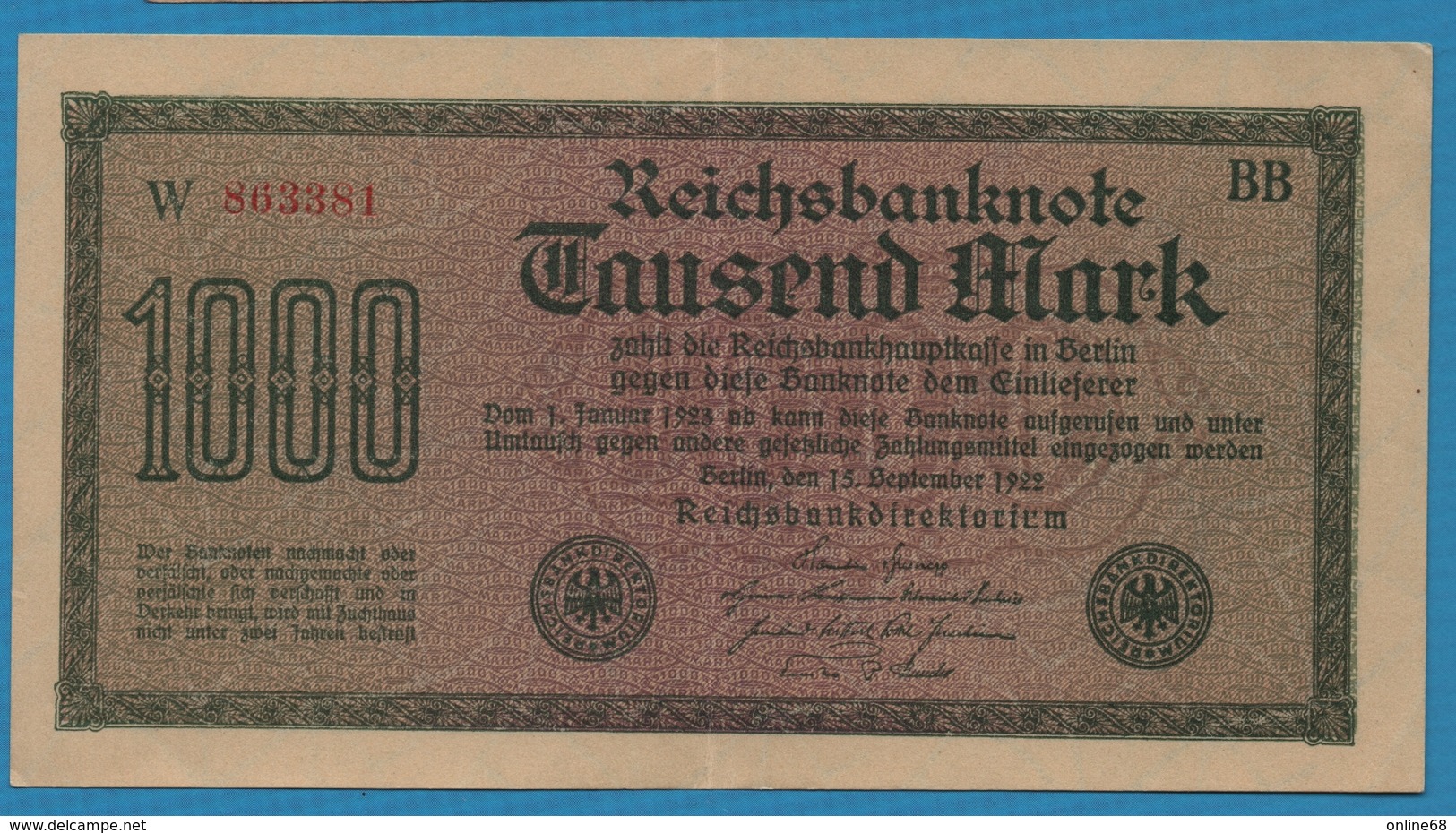 DEUTSCHES REICH 	1000 Mark Code BB 15.09.1922	# W 863381 KM# 76b - 1000 Mark