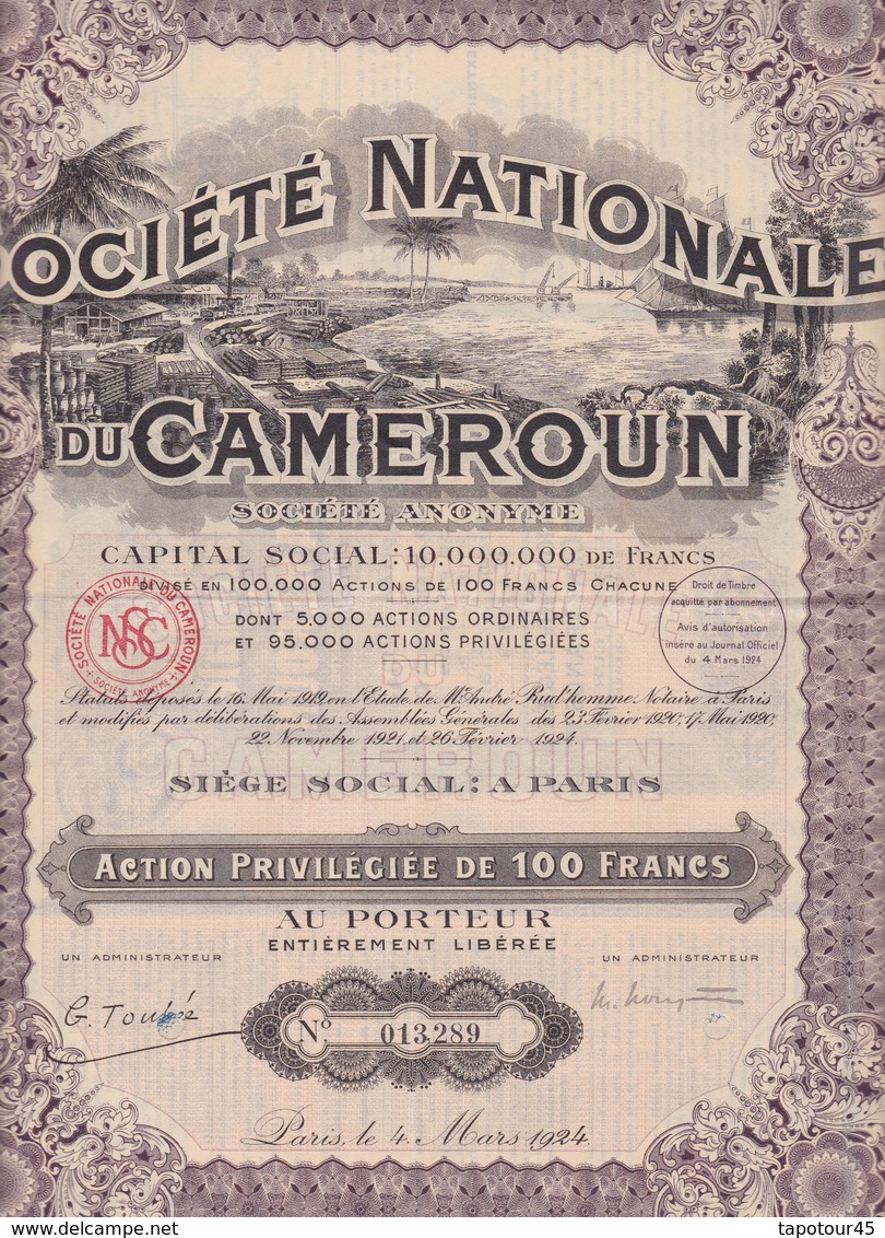 Th7	NATIONALE Du CAMEROUN : Action P. De 100 Frs		1924		N° 13 - Autres & Non Classés