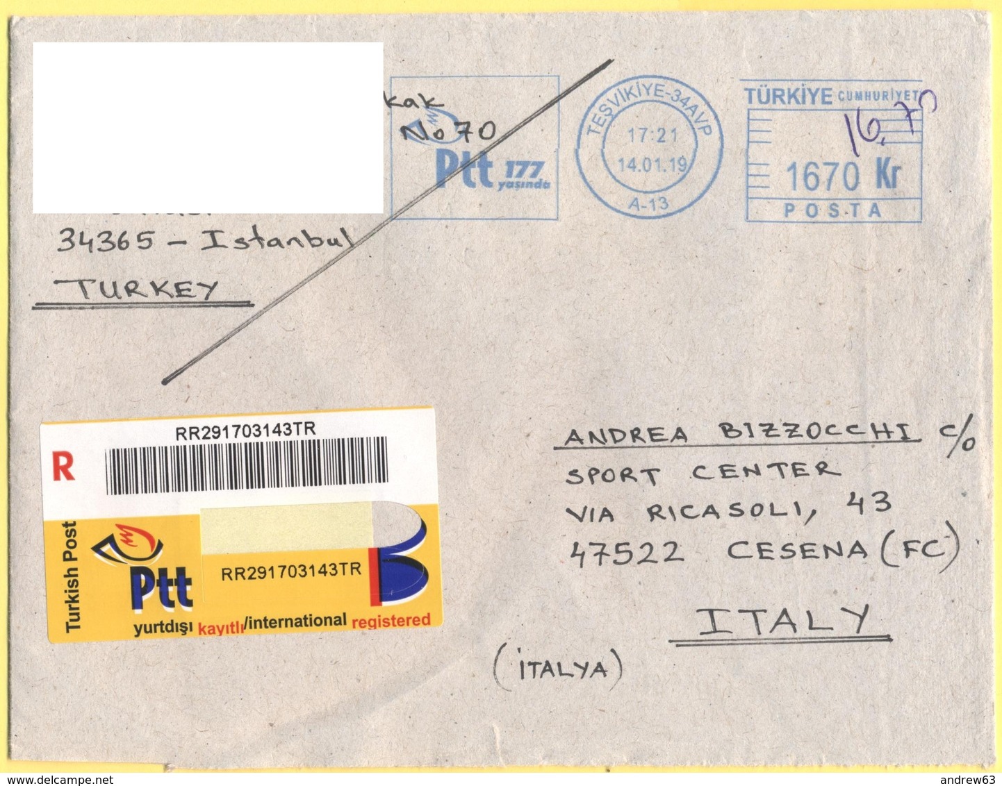 TURCHIA - TURKEY - 2019 - 1670 Kr EMA, Red Cancel - Registered - Viaggiata Da Istanbul Per Cesena, Italy - Covers & Documents