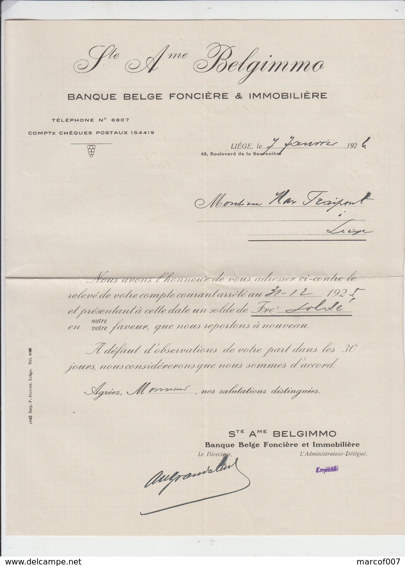 BELGIMMO - BANQUE BELGE - LIEGE - 3 DOCUMENTS - 1926 - Bank & Versicherung