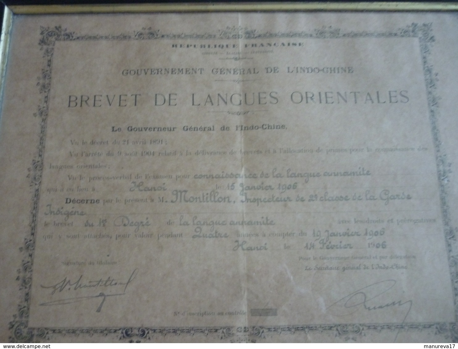 ANCIEN BREVET DE LANGUES ORIENTALES INDOCHINE 1906 ENCADRE