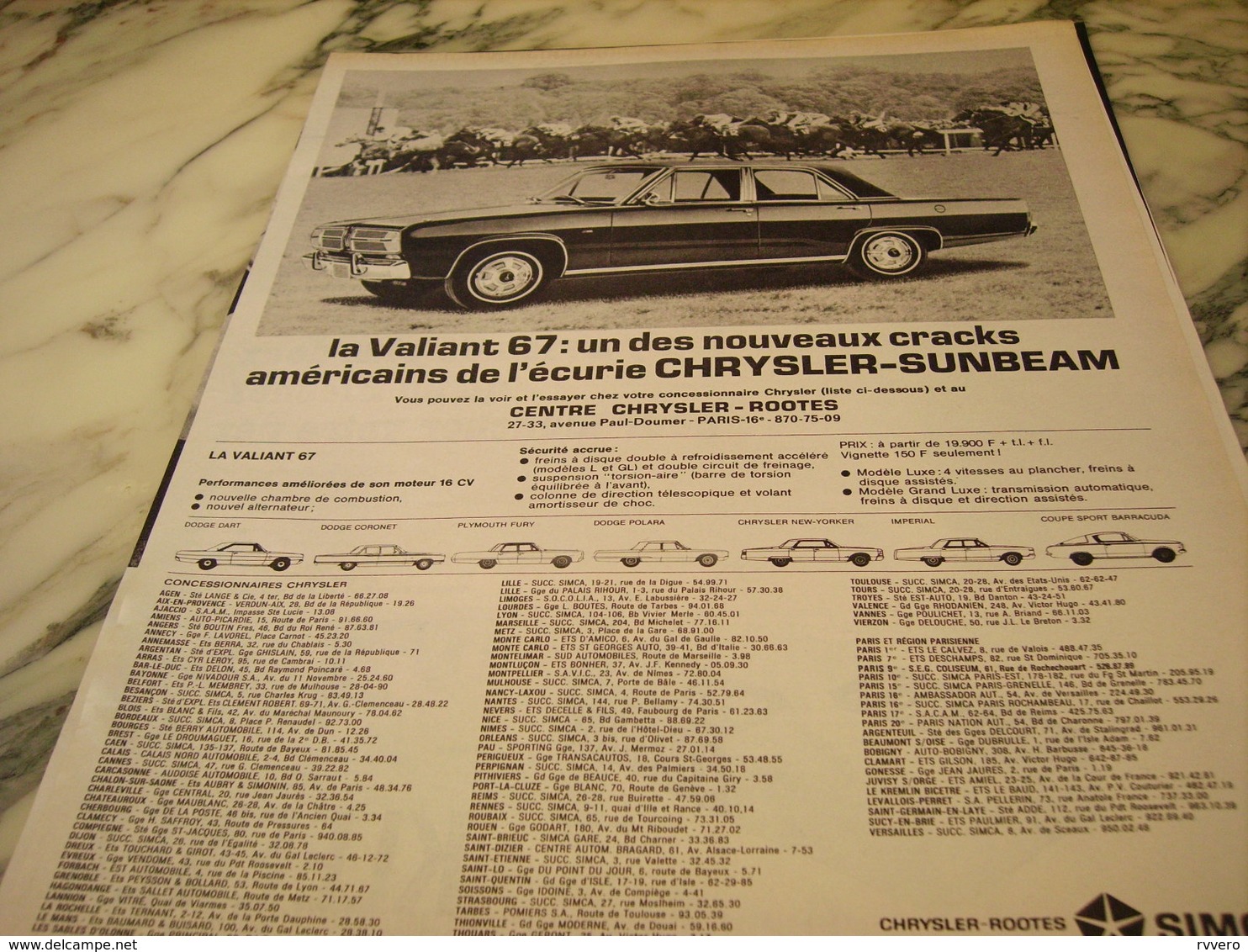 ANCIENNE  PUBLICITE LA VALIANT VOITURE CHRYSLER DE SIMCA 1966 - Cars