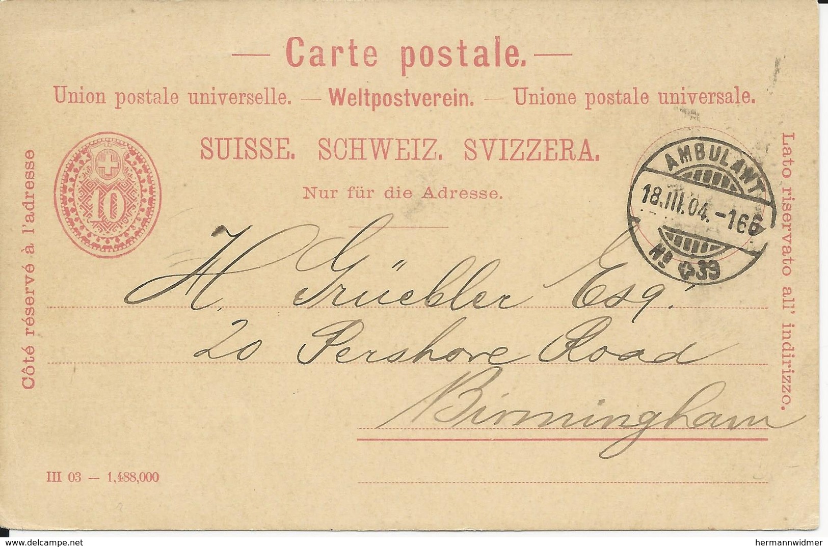 20, Entier Postal 10 Cts, Obl. Ambulant 18.III.04 - Entiers Postaux