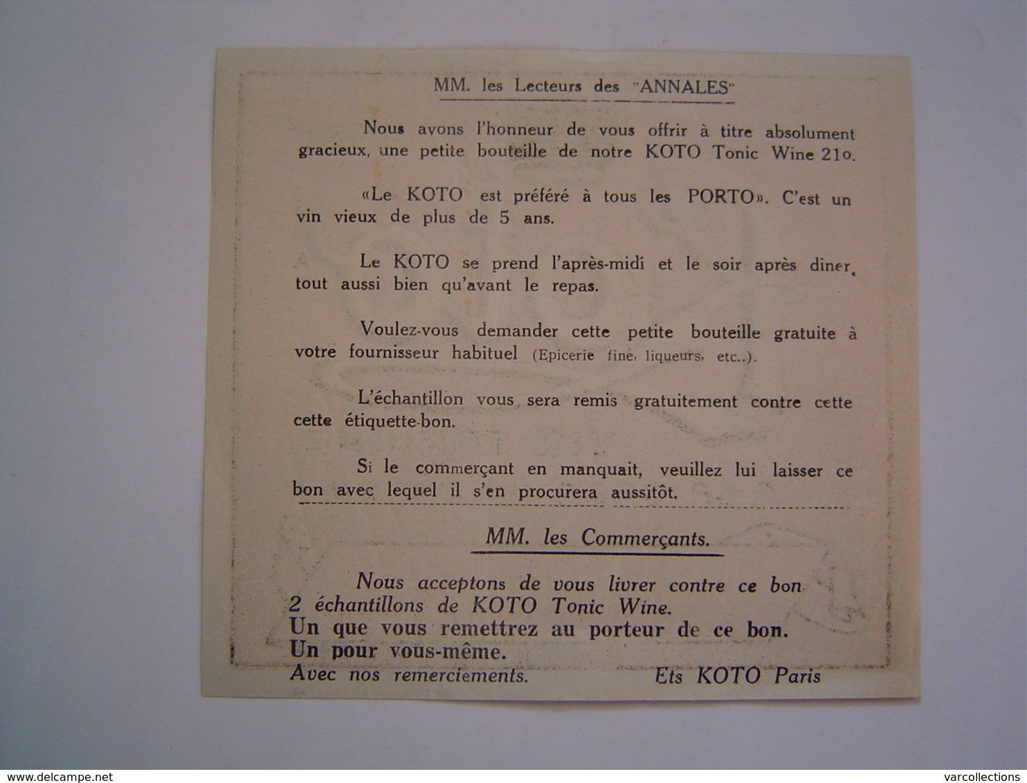 ETIQUETTE PUBLICITE Ancienne : KOTO / VIN TONIQUE A LA COCA DU PEROU - Autres & Non Classés