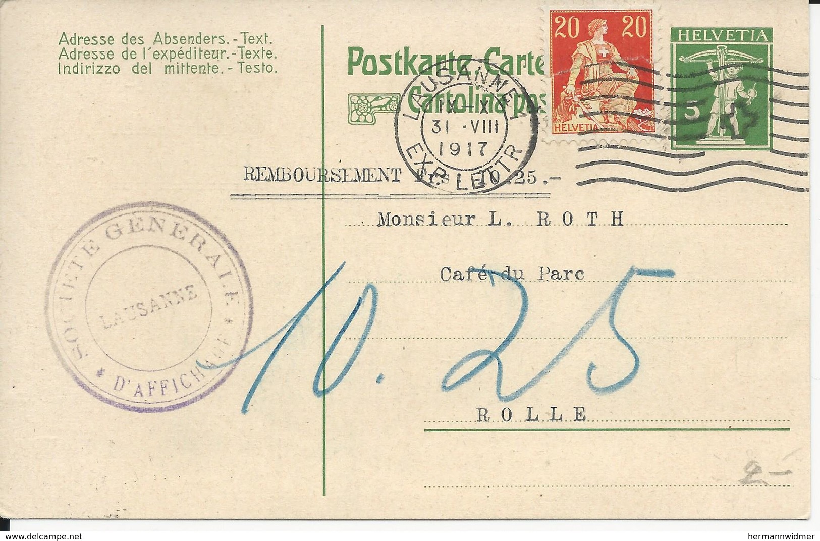 52 + TP 108, Entier Postal 5 Cts Et Helvetia à L'épée, Avec Raison Sociale, Obl. Lausanne 31.VIII.1917 - Interi Postali