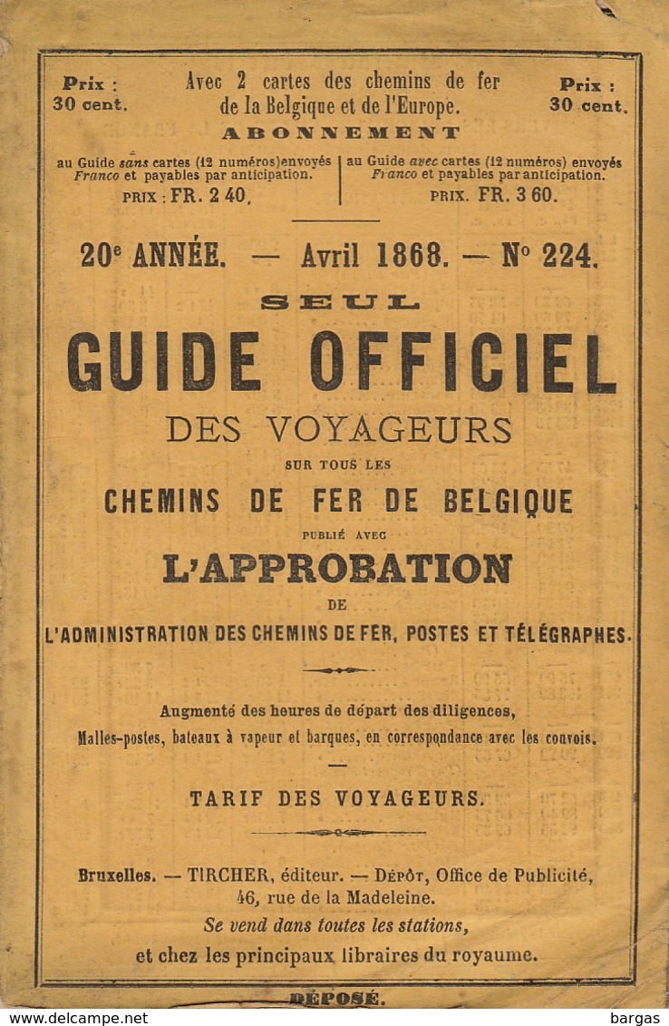 1868 Guide Officiel Des Voyageurs Chemins De Fer Belges Belgique Indicateur Annuaire Train Tram Tramways - Chemin De Fer