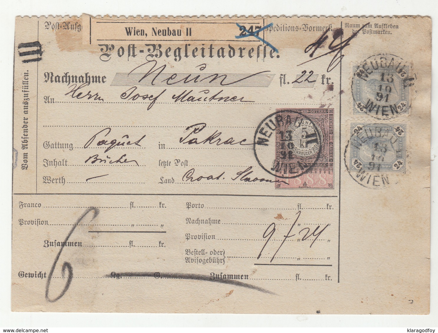 Austria Post-Begleitadresse Nachname Postal Stationery 1891 Wien, Neubau II To Pakrac B190210 - Briefe U. Dokumente