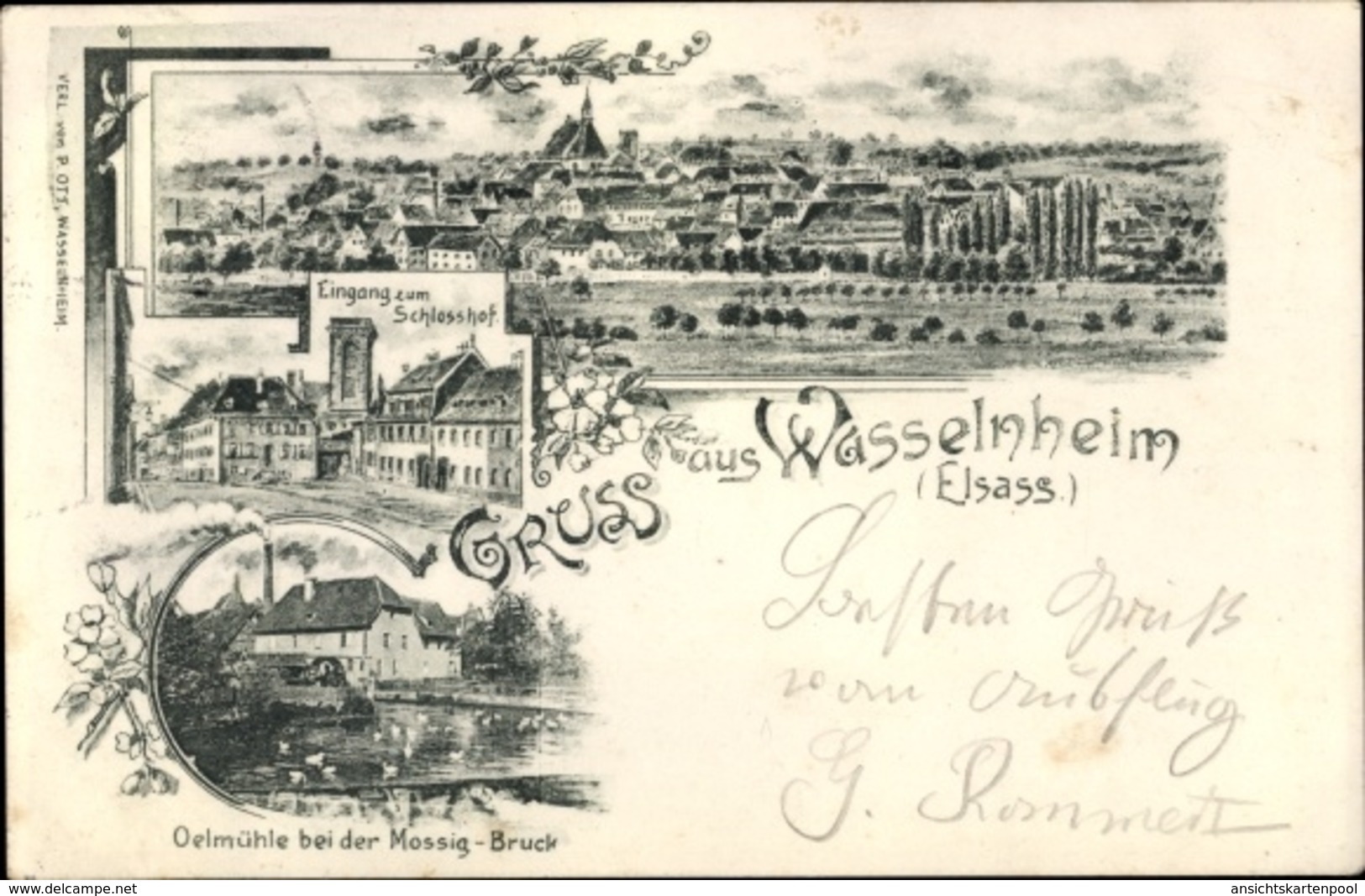 Lithographie Wasselonne Wasselnheim Elsass Bas Rhin, Panorama, Schlosshof, Eingang, Ölmühle, Mossig Brücke - Autres & Non Classés