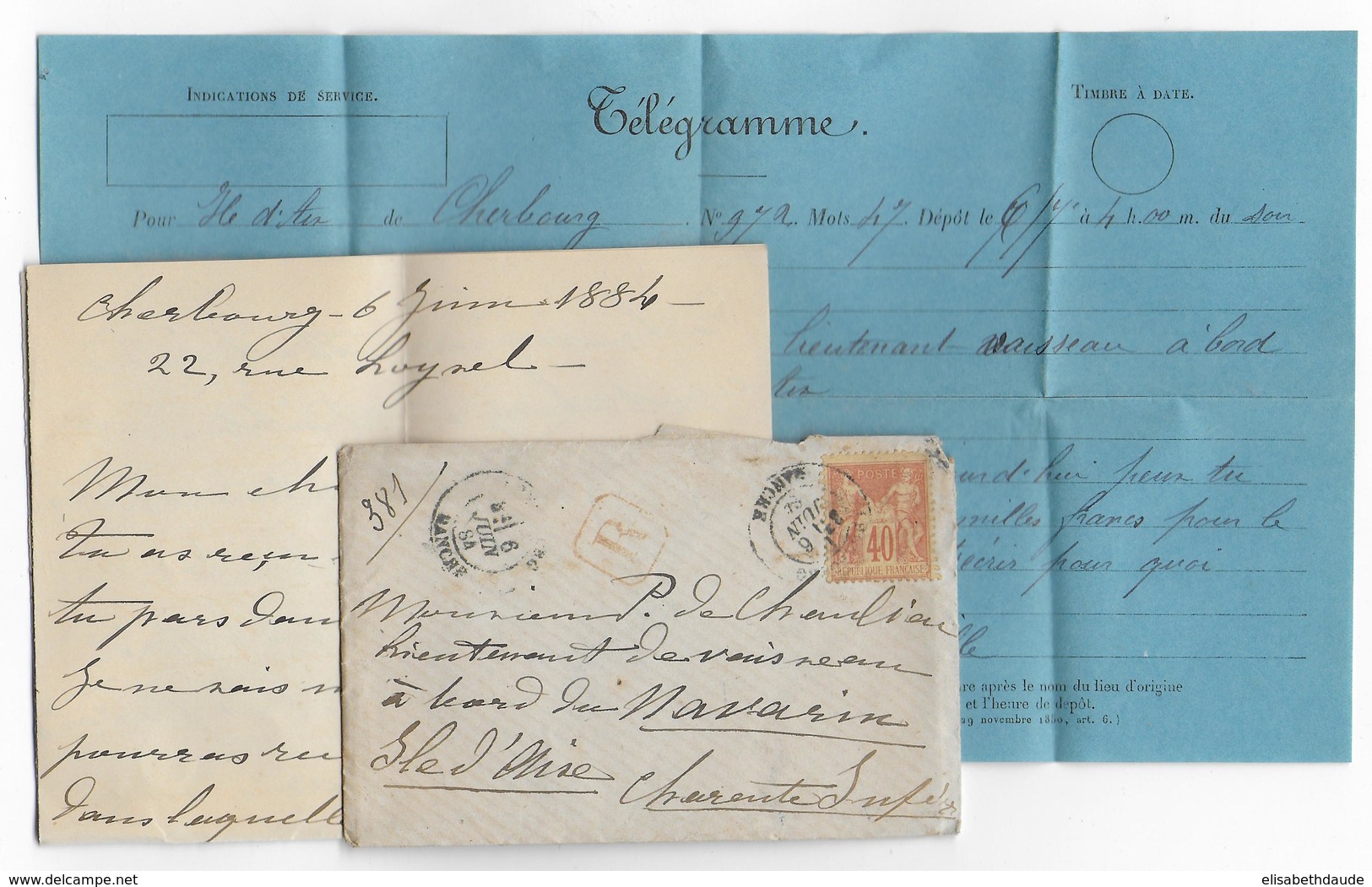 1884 - LETTRE RECOMMANDEE De CHERBOURG => NAVIRE De GUERRE "NAVARIN" à ILE D'AIX (CHARENTE INFERIEURE) - DESTINATION ! - 1877-1920: Période Semi Moderne