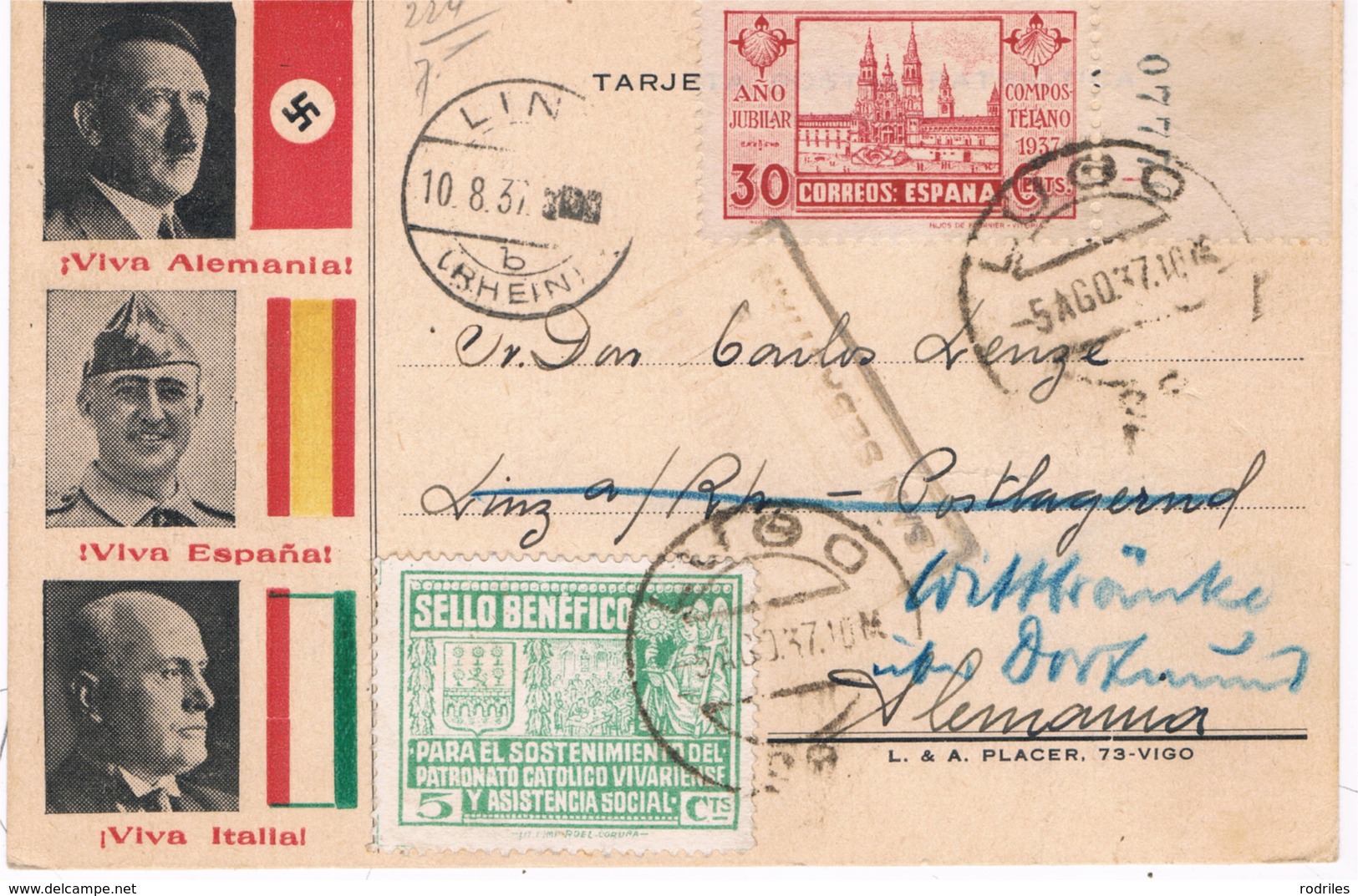 Postal De Lugo A Alemania Con Efigie De Franco, Hitler Y Mussolini - Cartas & Documentos