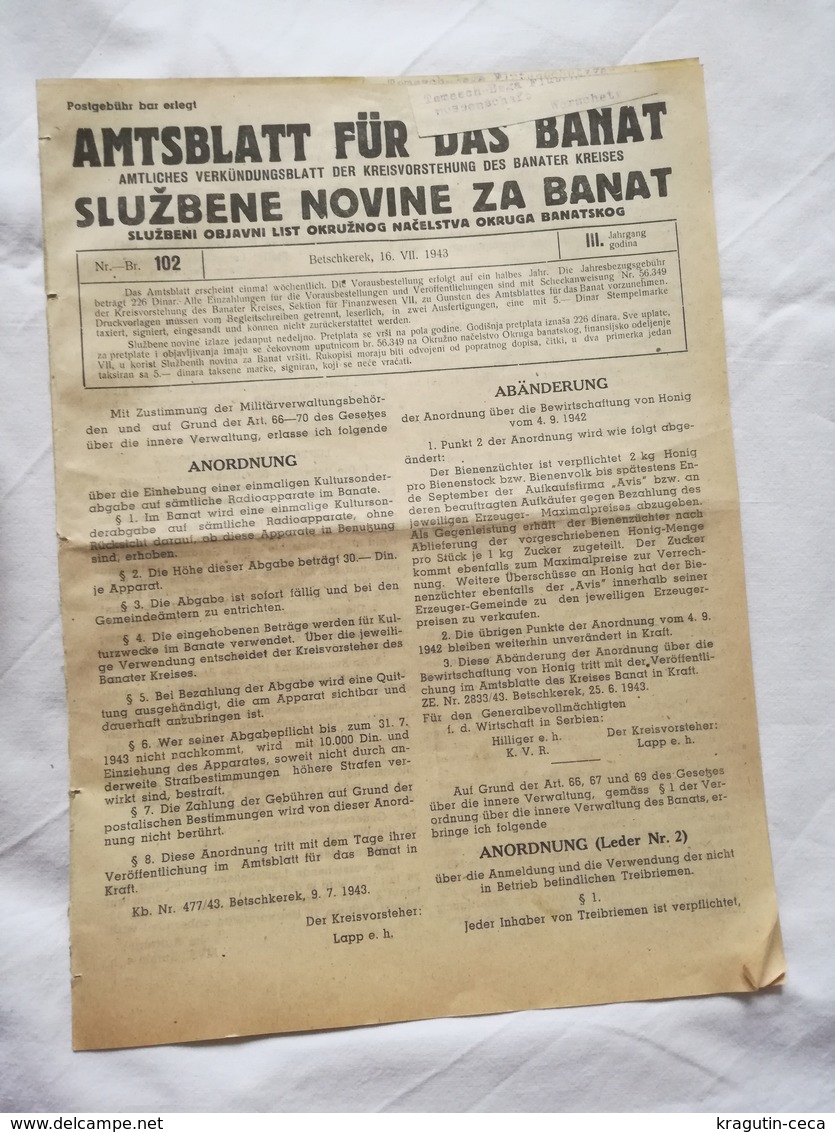 1943 WWII YUGOSLAVIA VRSAC OFFICIAL NEWSPAPERS SERBIA BANAT WERSCHETZ WW2 GERMANY MAGAZINE NEWS WAR DEUTSCHLAND Deutsche - 1939-45