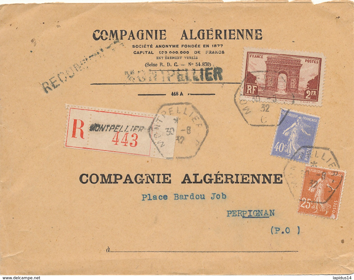 / LETTRE -  RECOMMANDEE  COMPAGNIE  ALGERIENNE  MONTPELLIER A  PERPIGNAN  (1932) - Covers & Documents