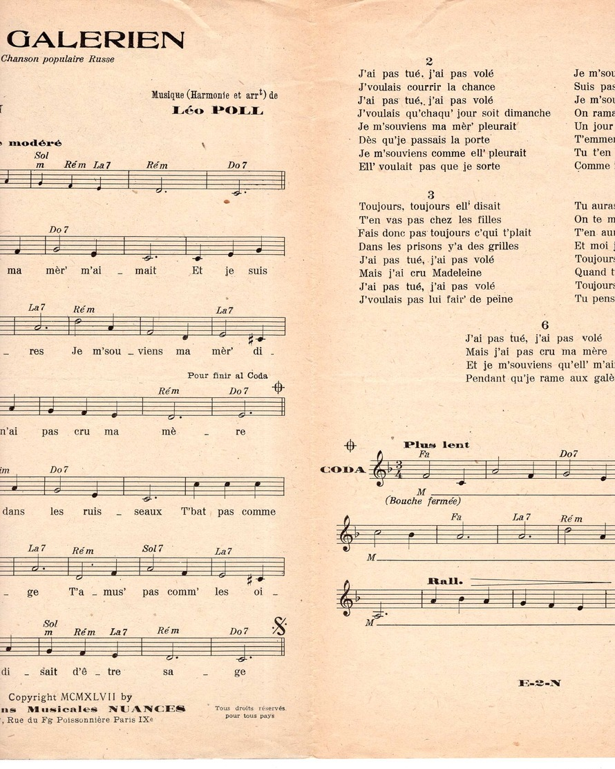 40 60 PARTITION***LES COMPAGNONS DE LA CHANSON LE GALÉRIEN RUSSE MARINE MAURICE DRUON LÉO POLL 1947 GUITARE ACCORDÉON - Other & Unclassified