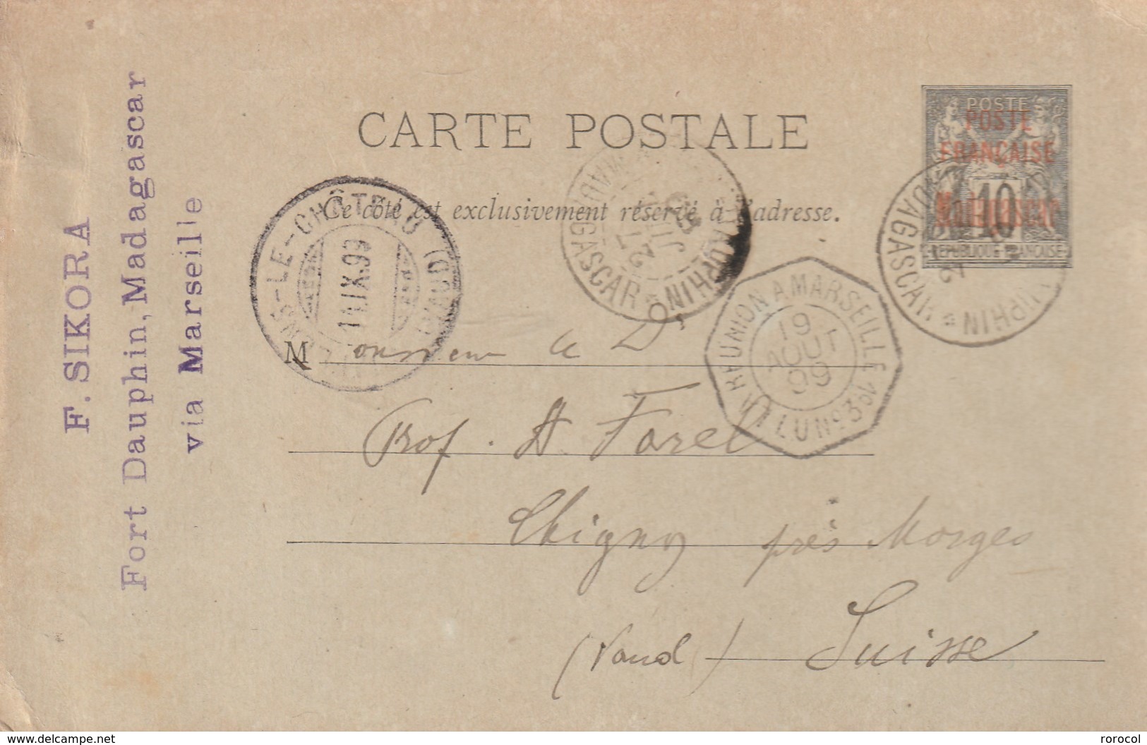 MADAGASCAR ENTIER POSTAL FORT DAUPHIN 1909 Pour La Suisse - Lettres & Documents