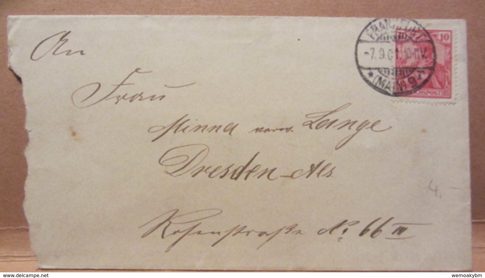 DR: Klein-Brief (14,9 X 8,1) Mit 10 Pf Germania "REICHSPOST" Von FRANKFURT (Main) Nach DRESDEN Vom 7.9.01 Knr: 56 - Briefe U. Dokumente