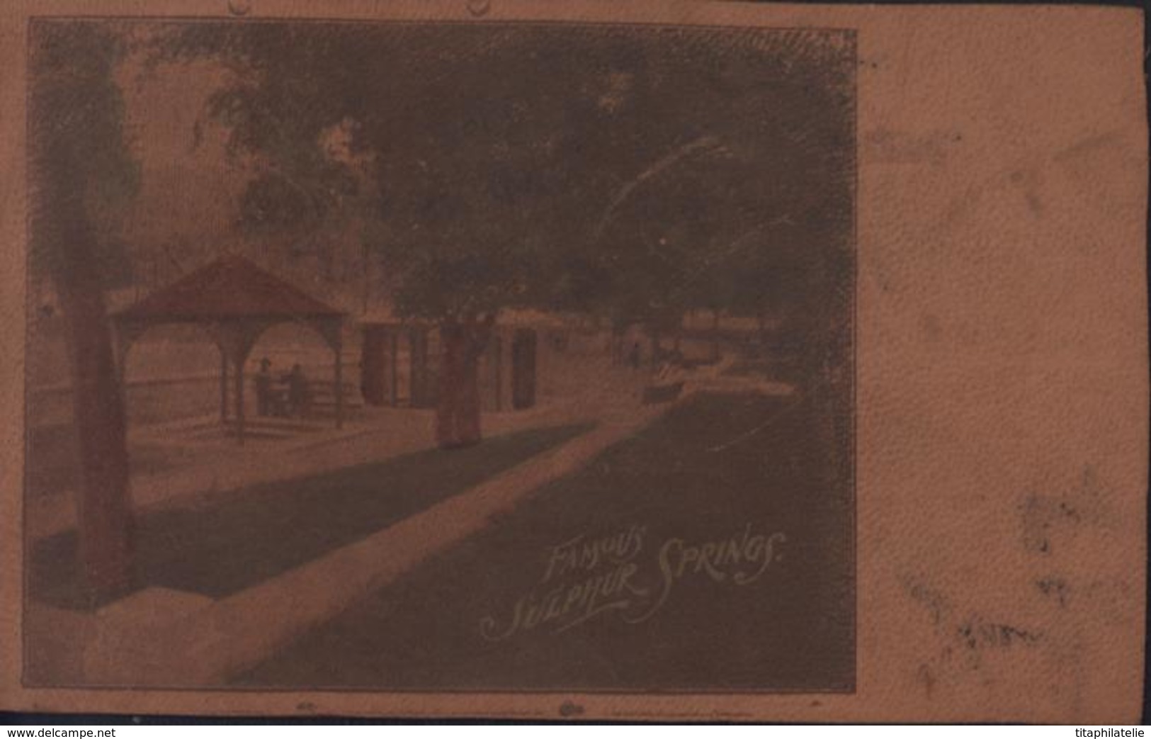 Carte Postale CPA En Cuir Post Card Famous Sulphur Springs Texas CAD 1906 Joplin Sept 12 2 AM 1906 MO Mail Art - Autres & Non Classés