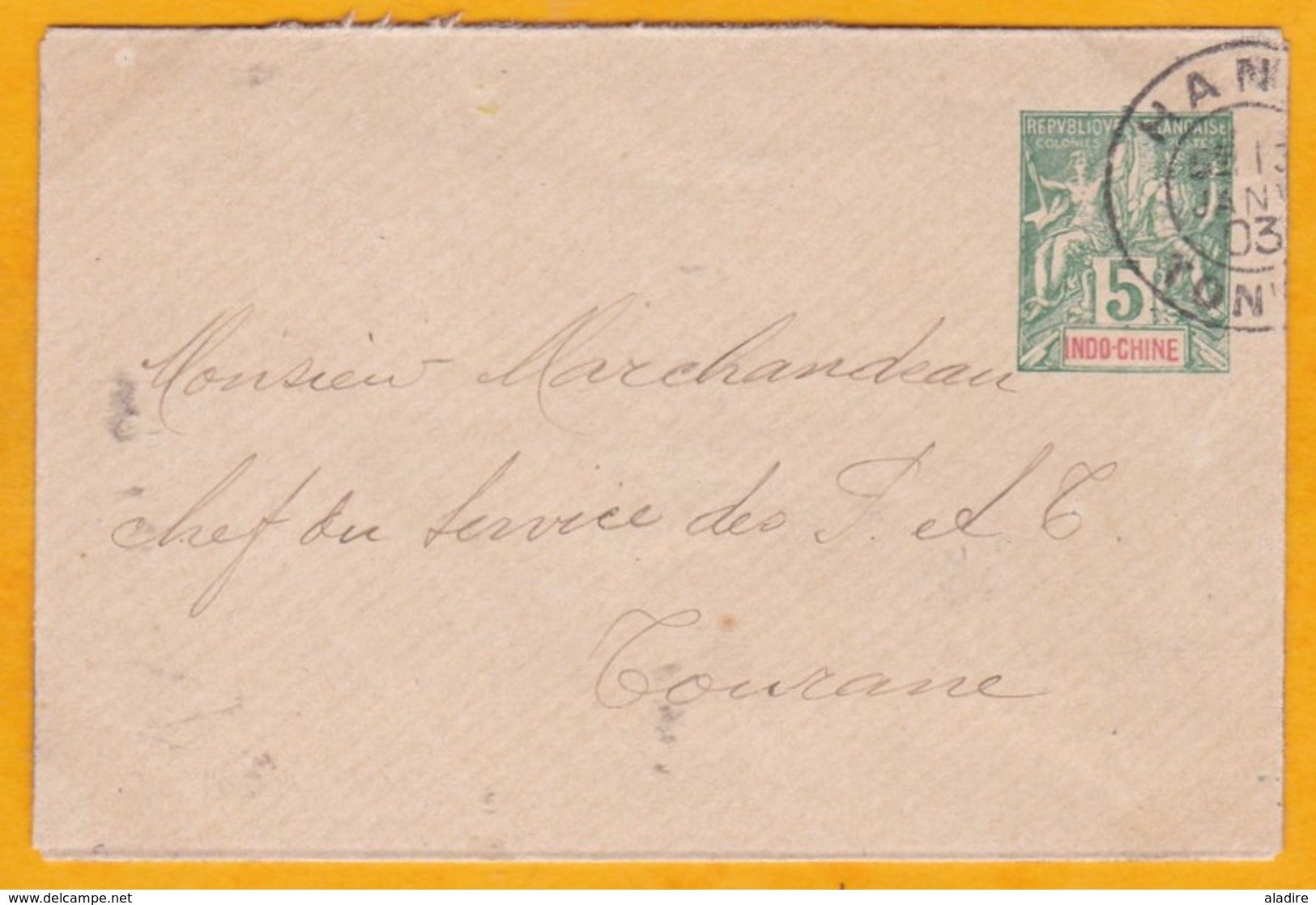 1903 - Entier Postal Enveloppe Mignonnette 5 C Type Groupe De Hanoi, Tonkin Vers Touranne, Annam, Indochine - Covers & Documents