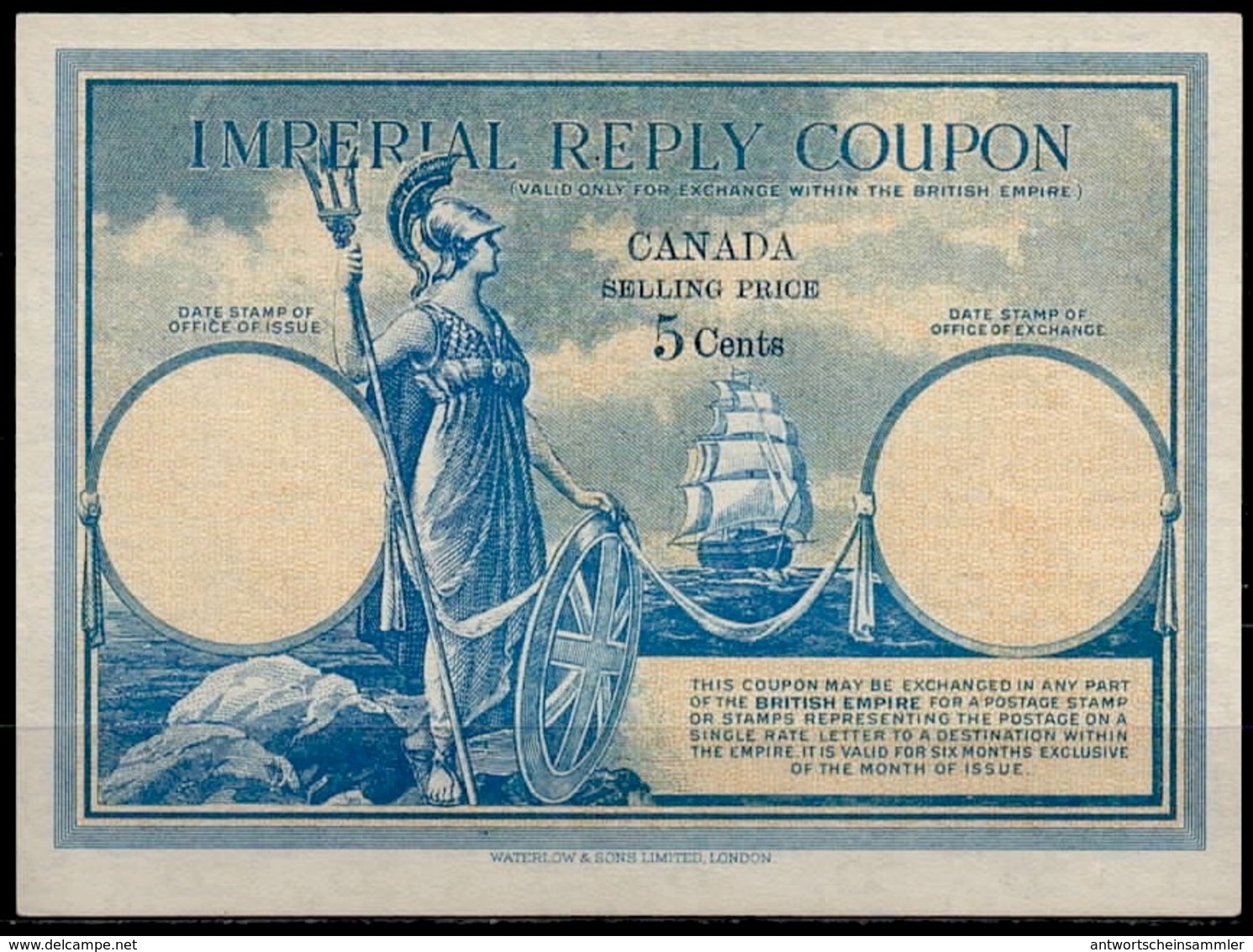 CANADA 1927 First Type I  5 Cents Imperial Reply Coupon Reponse IRC Britannia With Sailing Ship Mint **  UT 1 - Antwortcoupons