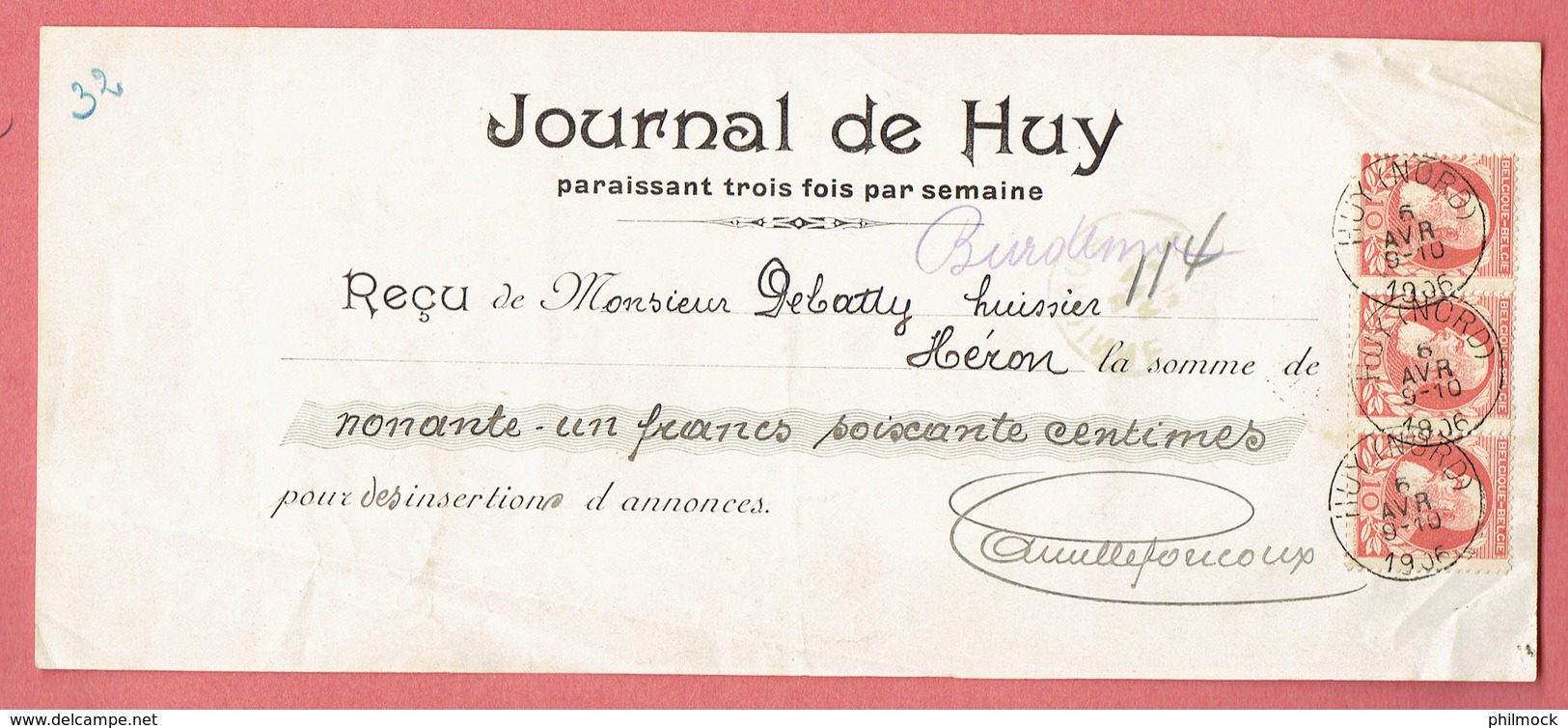 M - Reçu De Héron Par Burdinne Pour Journal De Huy - Obl Huy(Nord) Le 6-Avr-1906 Sur 74x Bande De 3 - 1900 – 1949
