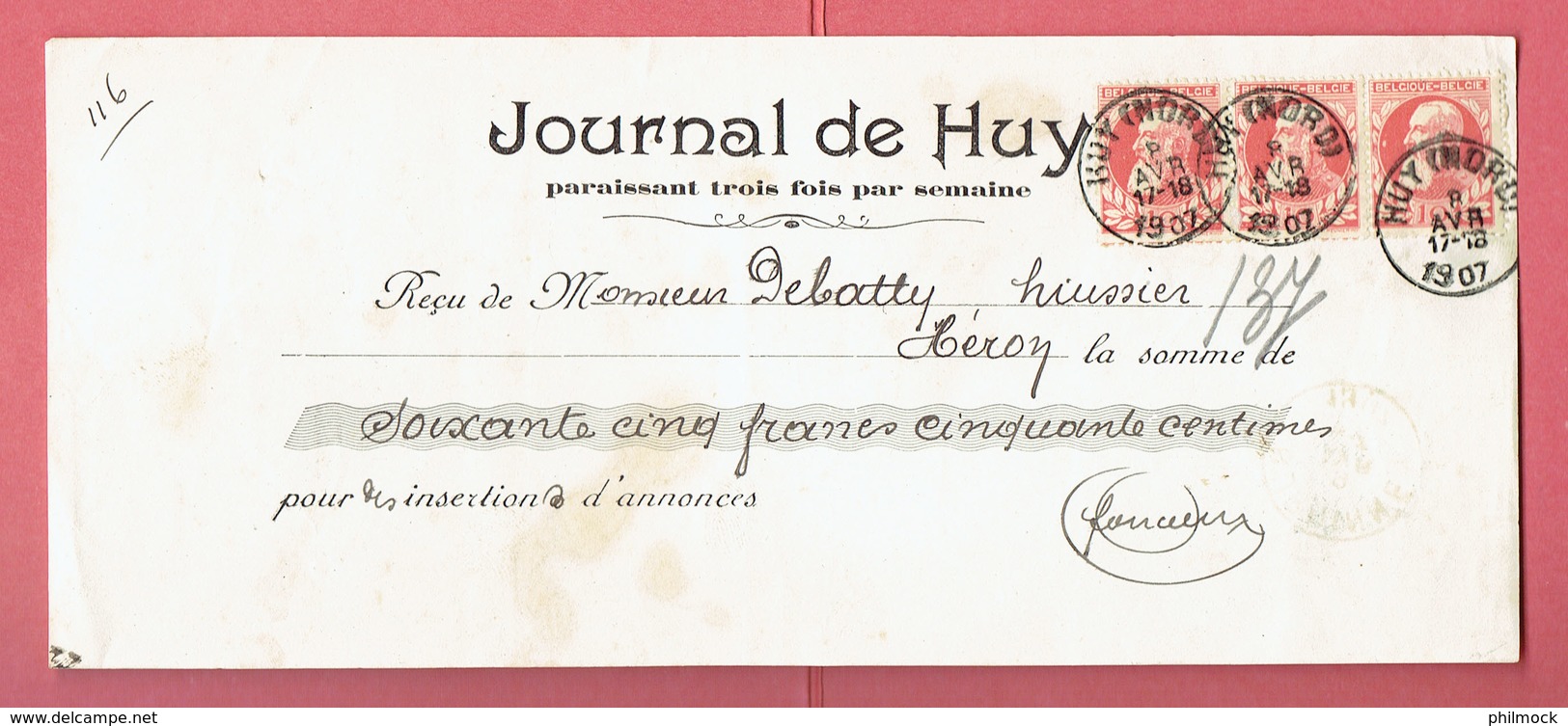 M - Reçu De Héron Par Burdinne Pour Journal De Huy - Obl Huy(Nord) Le 8-Avr-1907 Sur 74x Bande De 3 - 1900 – 1949