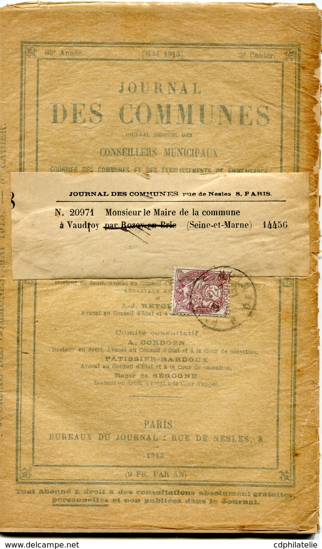FRANCE JOURNAL DES COMMUNES AFFRANCHI AVEC LE N°108 DEPART PARIS ?-5-13 POUR LA FRANCE - 1900-29 Blanc