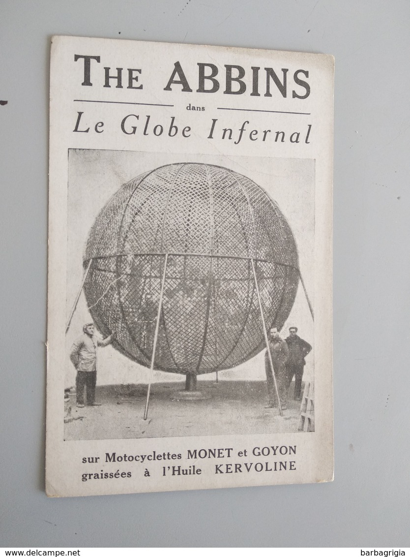 CARTOLINA PUBBLICITARIA THE ABBINS DANS LE GLOBE INFERNAL SUR MOTOCYCLETTES MONET ET GOYON GRAISSES A L'HUILE KERVOLINE - Publicité