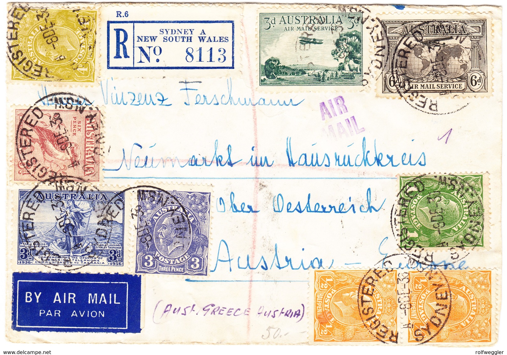 1936 R-Flugbrief Aus Sidney über Athen Nach Wien - Storia Postale