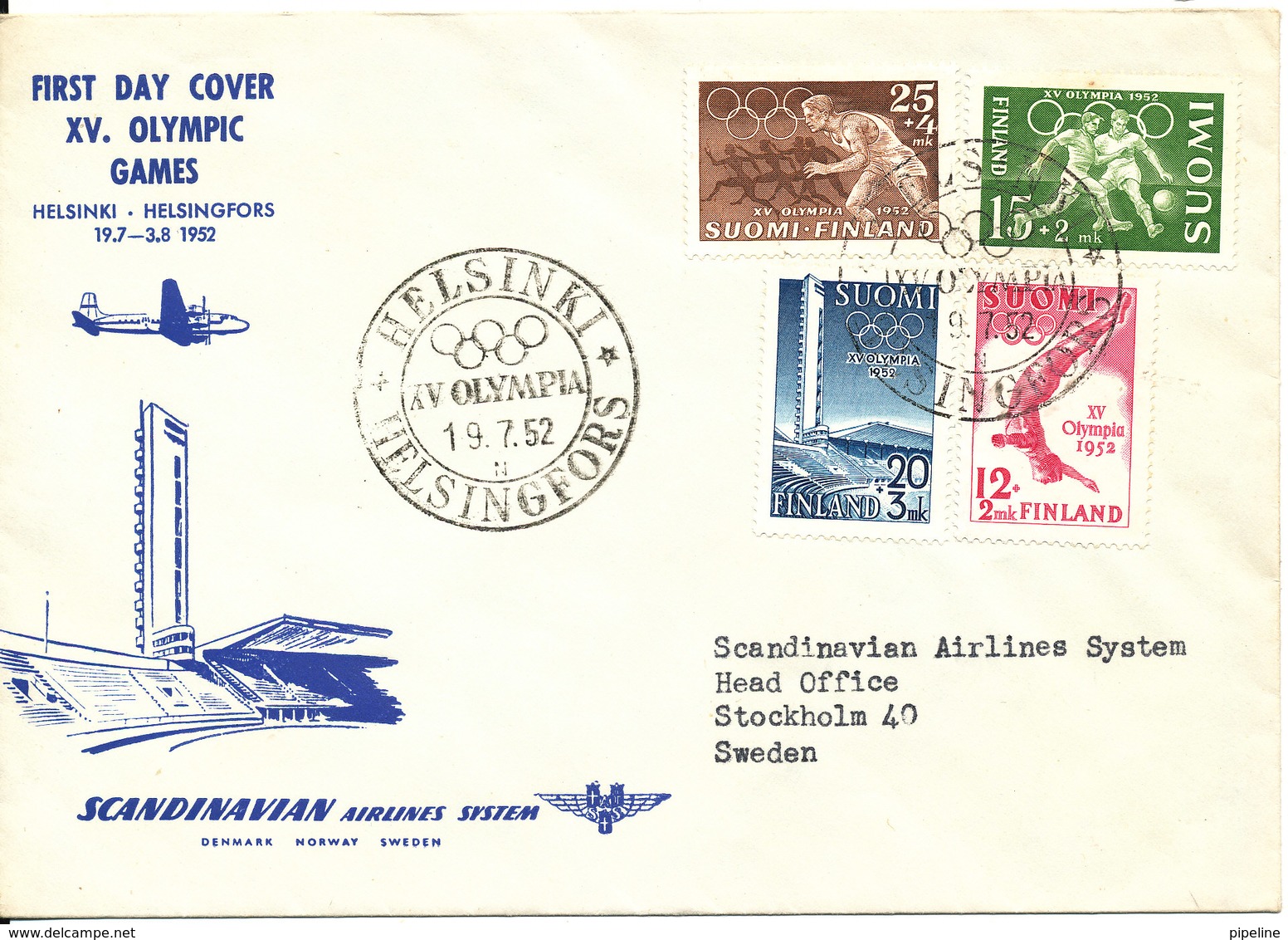 Finland SAS Special Flight FDC XV Olympic Games Helsinki 19-7-1952 (hinged Marks On The Backside Of The Cover) - Covers & Documents