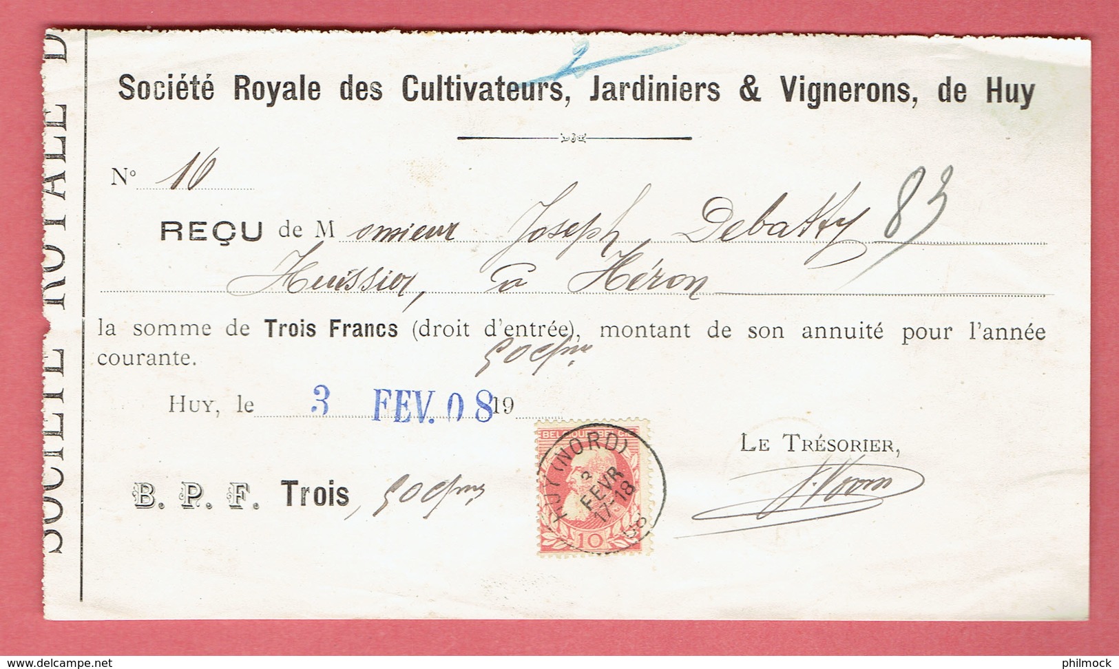 M - Reçu De Héron Pour Société Des Cultivateurs,Jardiniers&Vignerons - Obl Huy(Nord) Le 3-Févr-1908 Sur 74 - 1900 – 1949