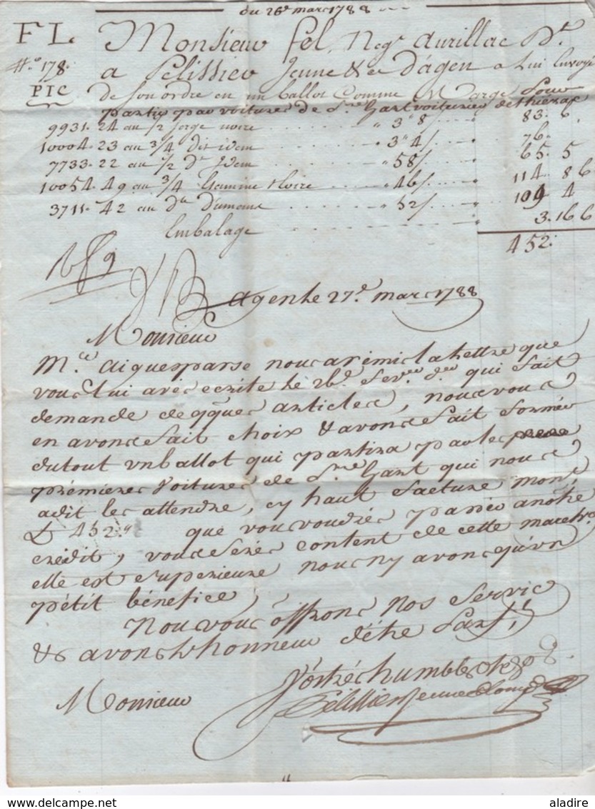 1788 - Marque Postale D ' AGEN, Lot Et Garonne Sur Lettre Avec Correspondance Vers Aurillac, Cantal - Règne Louis XVI - 1701-1800: Précurseurs XVIII