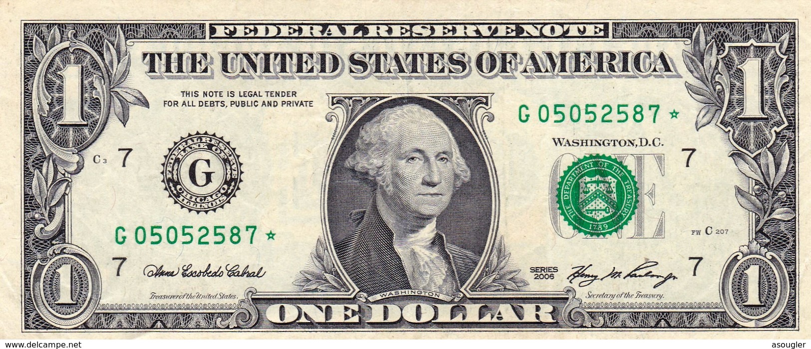 USA 1 Dollar Of Federal Reserve Notes 2006 VF STAR NOTE CHICAGO "free Shipping Via Registered Air Mail" - Biljetten Van De  Federal Reserve (1928-...)