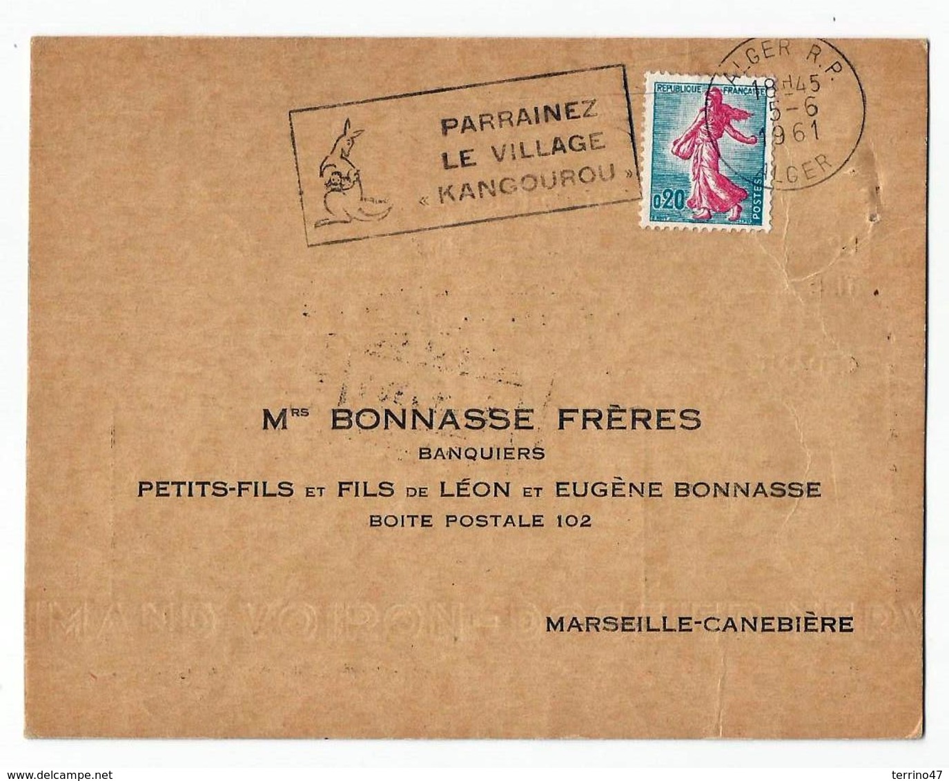 ALGER "Parrainez Le Village Kangourou" - Oblit. 5.6.1961 - Pour Bonasse Frères à Marseille- Canebière - Lettres & Documents