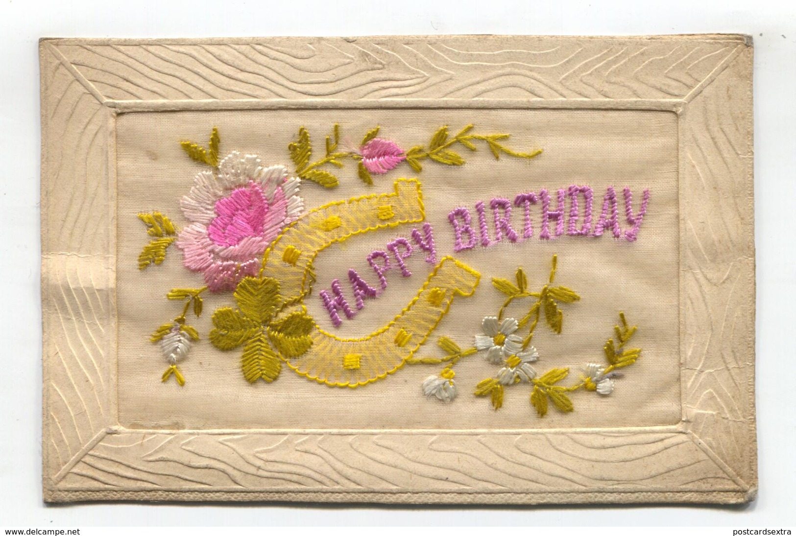 First World War Silk Postcard - Happy Birthday, Flowers, Lucky Horseshoe - Embroidered