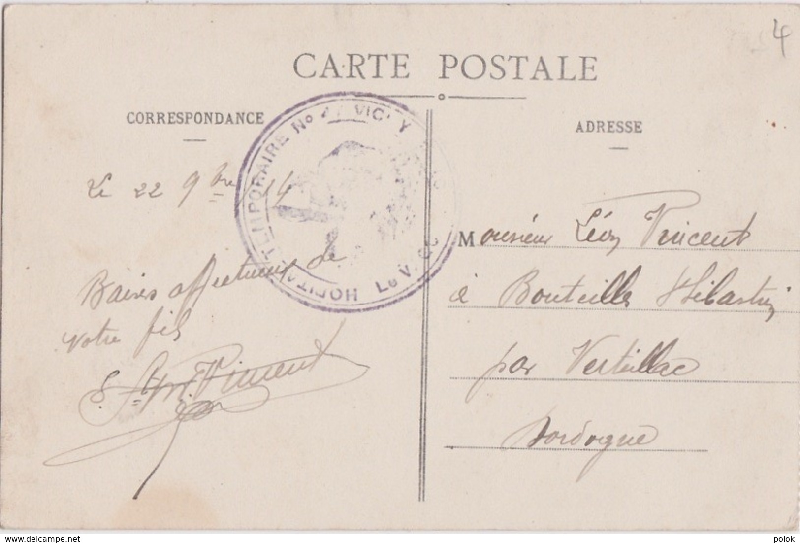 Bg - Cachet FM - Hopital Temporaire N° 4, Vichy (1914) Sur Carte Postale - Lettres & Documents