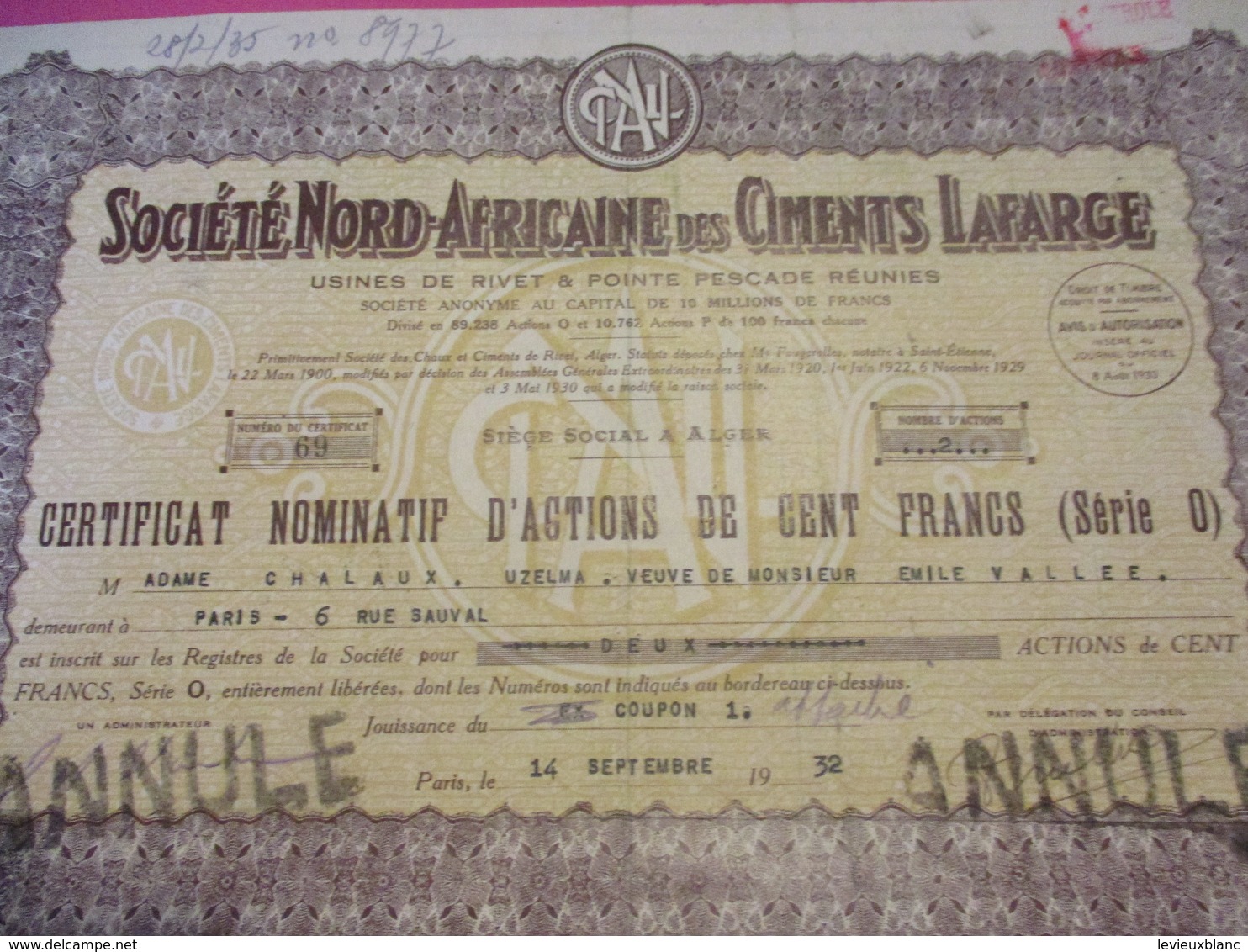 Certificat Nominatif D'Actions De Cent Francs/ Société Nord-Africaine Des Ciments Lafarge/ ALGER/1932  ACT211 - Afrique