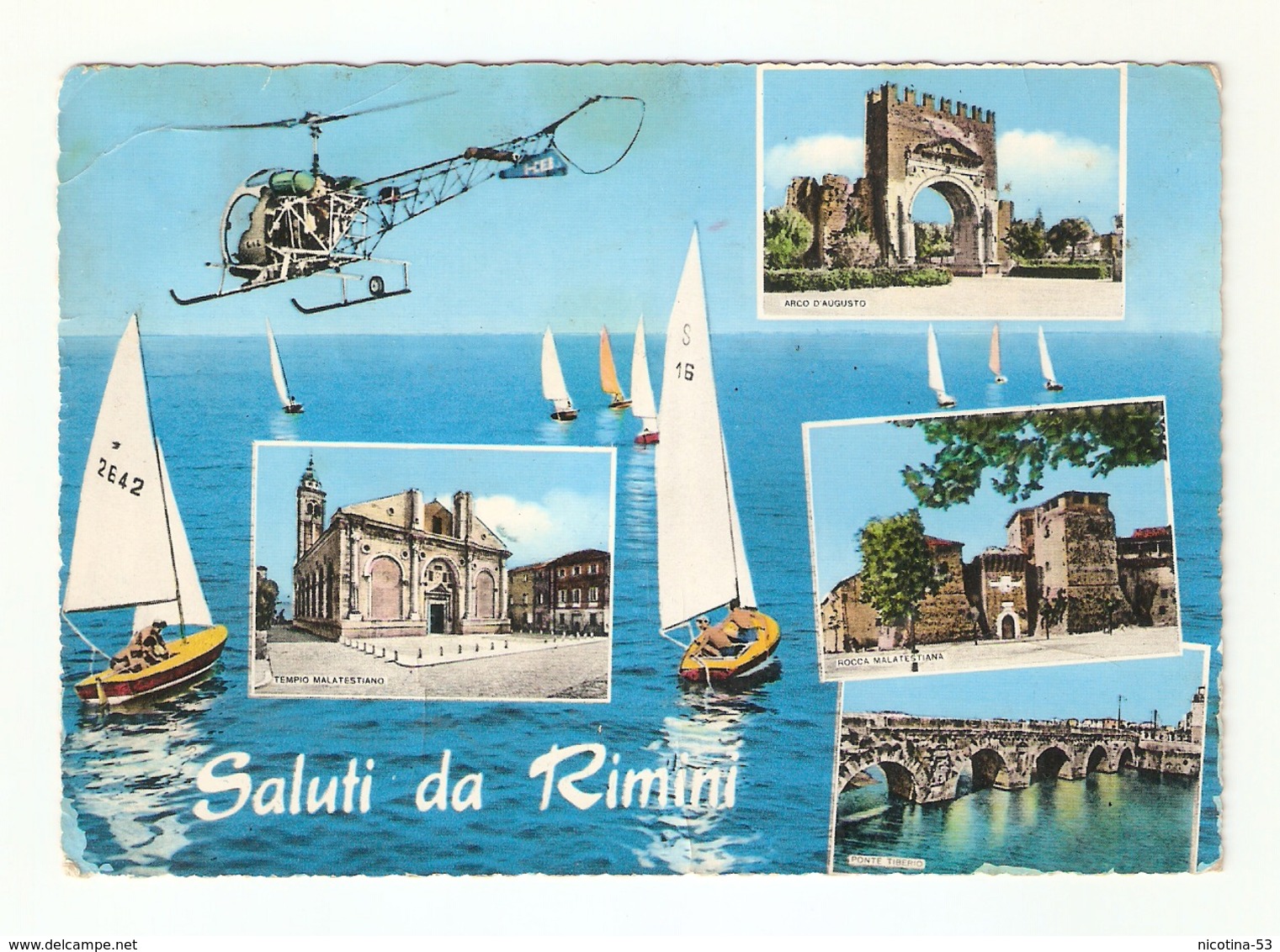 CT--02761-- SALUTI DA RIMINI- 4 VEDUTE - VELE-ELICOTTERO-viaggiata 1965 - Rimini