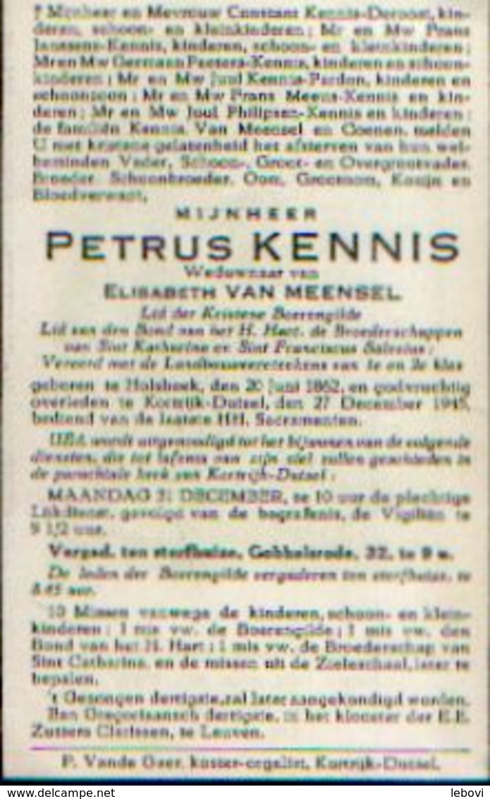 Souvenir Mortuaire KENNIS Petrus (1862-1945) Geboren Te HOLSBEEK Overleden Te KORTRIJK-DUTSEL - Devotieprenten