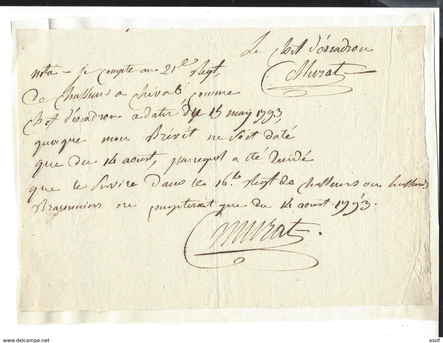 Joachim Murat (1767-1815) MARECHAL EMPIRE AUTOGRAPHE ORIGINAL AUTOGRAPH 1793 21e REGIMENT DE CHASSEURS /FREE SHIP. R - Autres & Non Classés