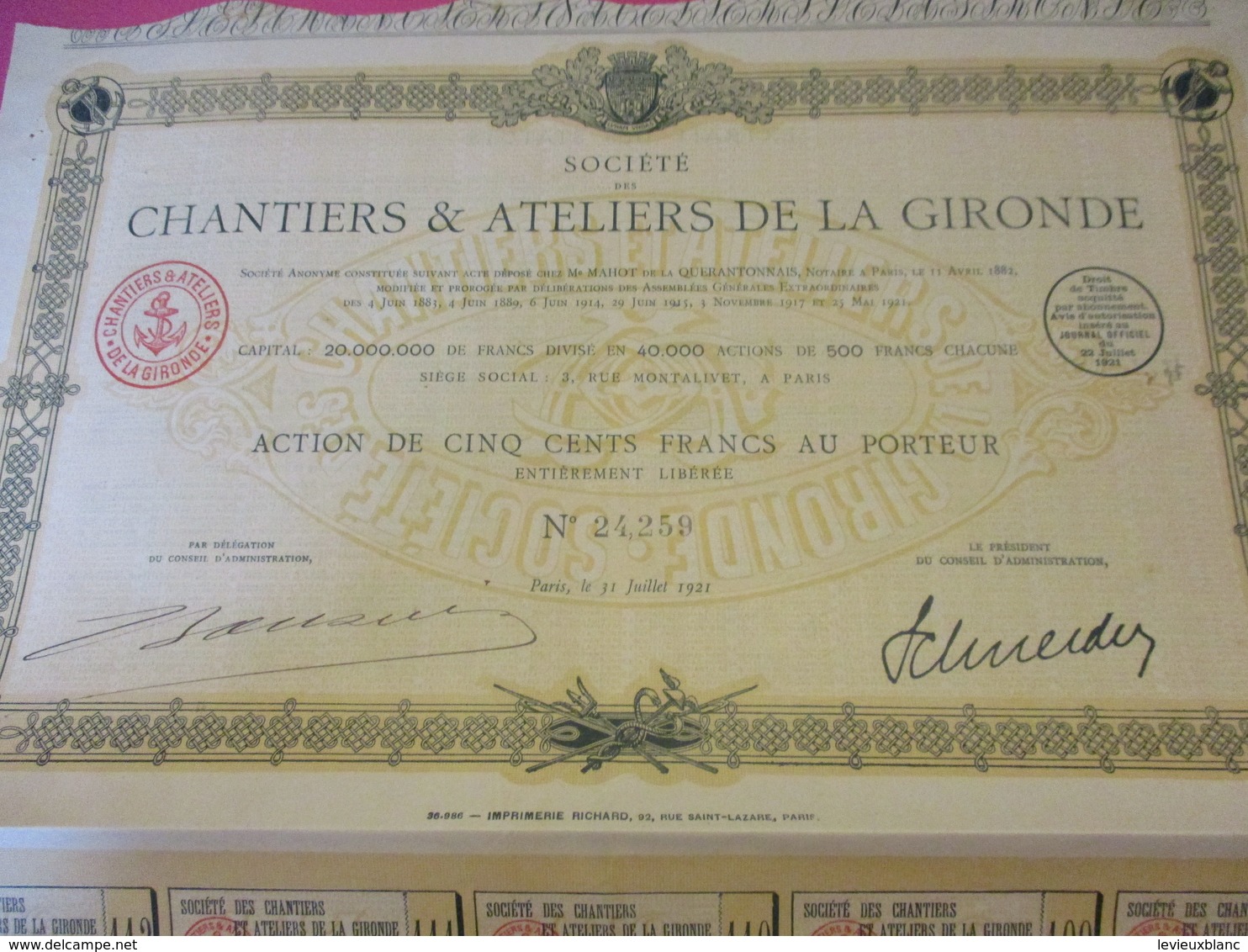 Action De 500 Francs Entièrement Libérée/Chantiers & Ateliers De La Gironde/ Paris /1921      ACT214 - Industrie