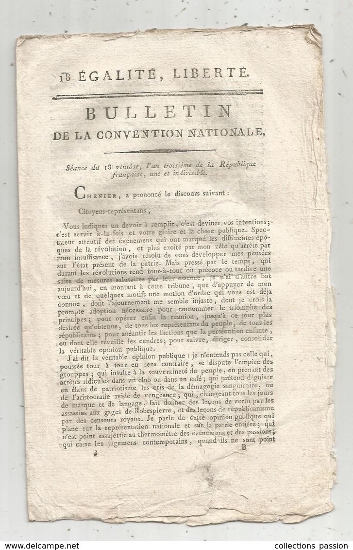 Bulletin De La Convention Nationale,l'an III, Discours De CHENIER , 8 Pages , Frais Fr 1.95 E - Décrets & Lois