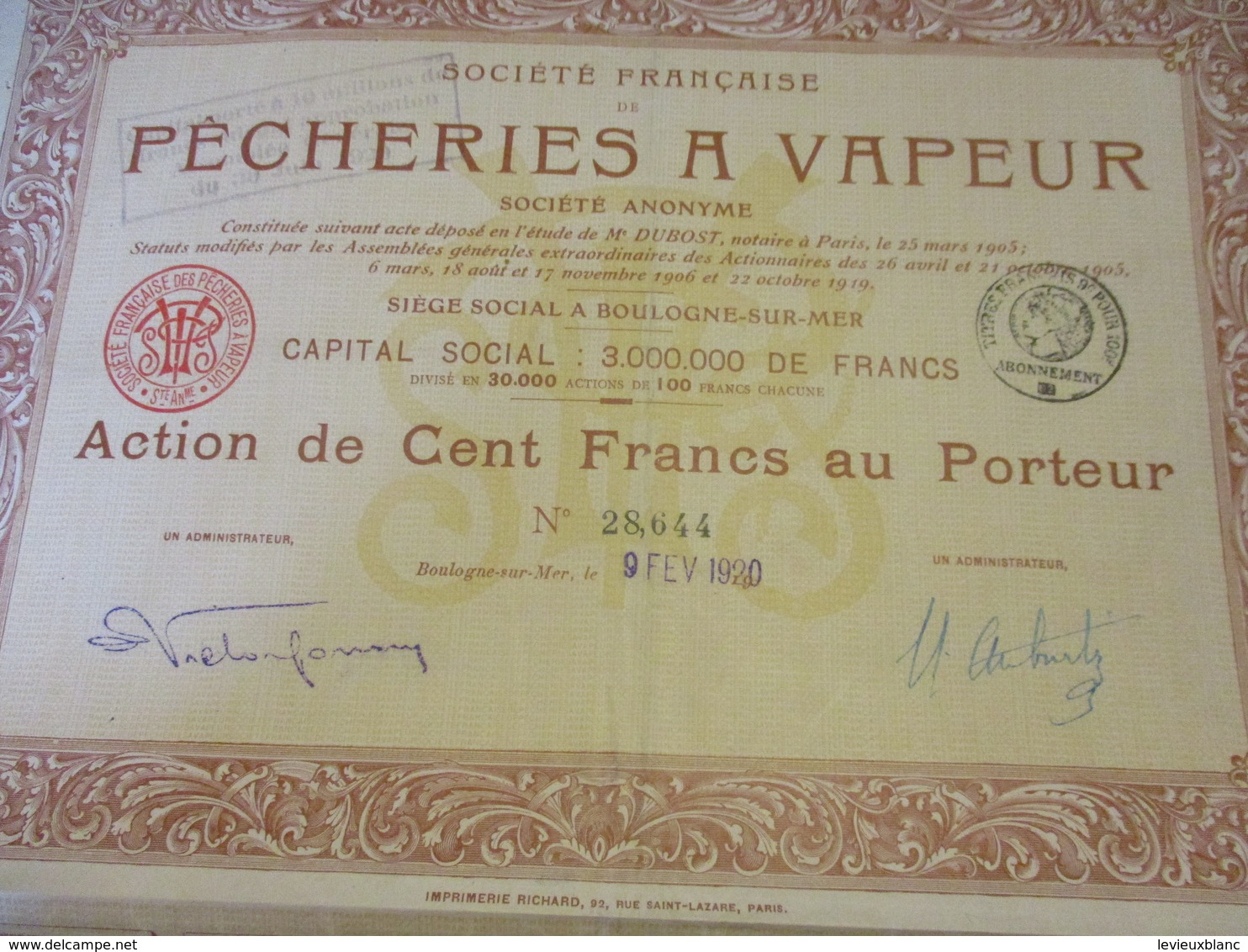 Action De 100 Francs Au Porteur /Société Française De Pêcheries à Vapeur /Boulogne Sur Mer /1920      ACT215 - Navy