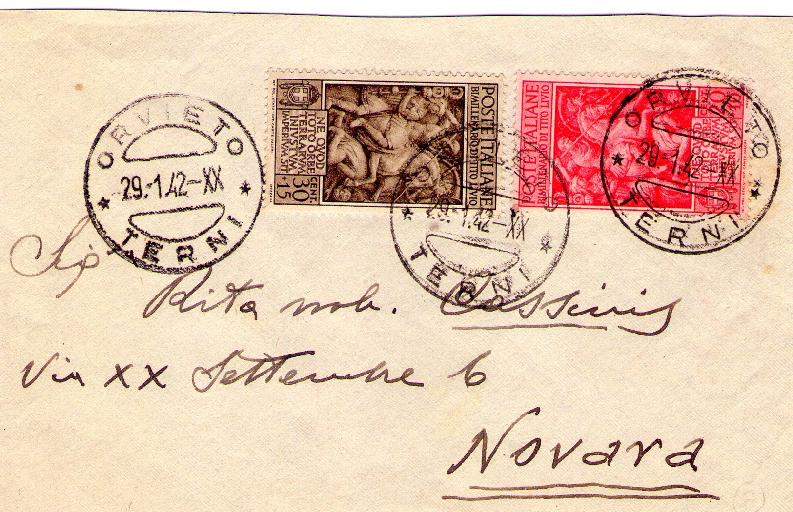 Italia  Regno  Tito Livio  Cent. 20 + 10  ---  30 + 15 Terni   Del  29 - 1 - 1942 - Storia Postale (Posta Aerea)